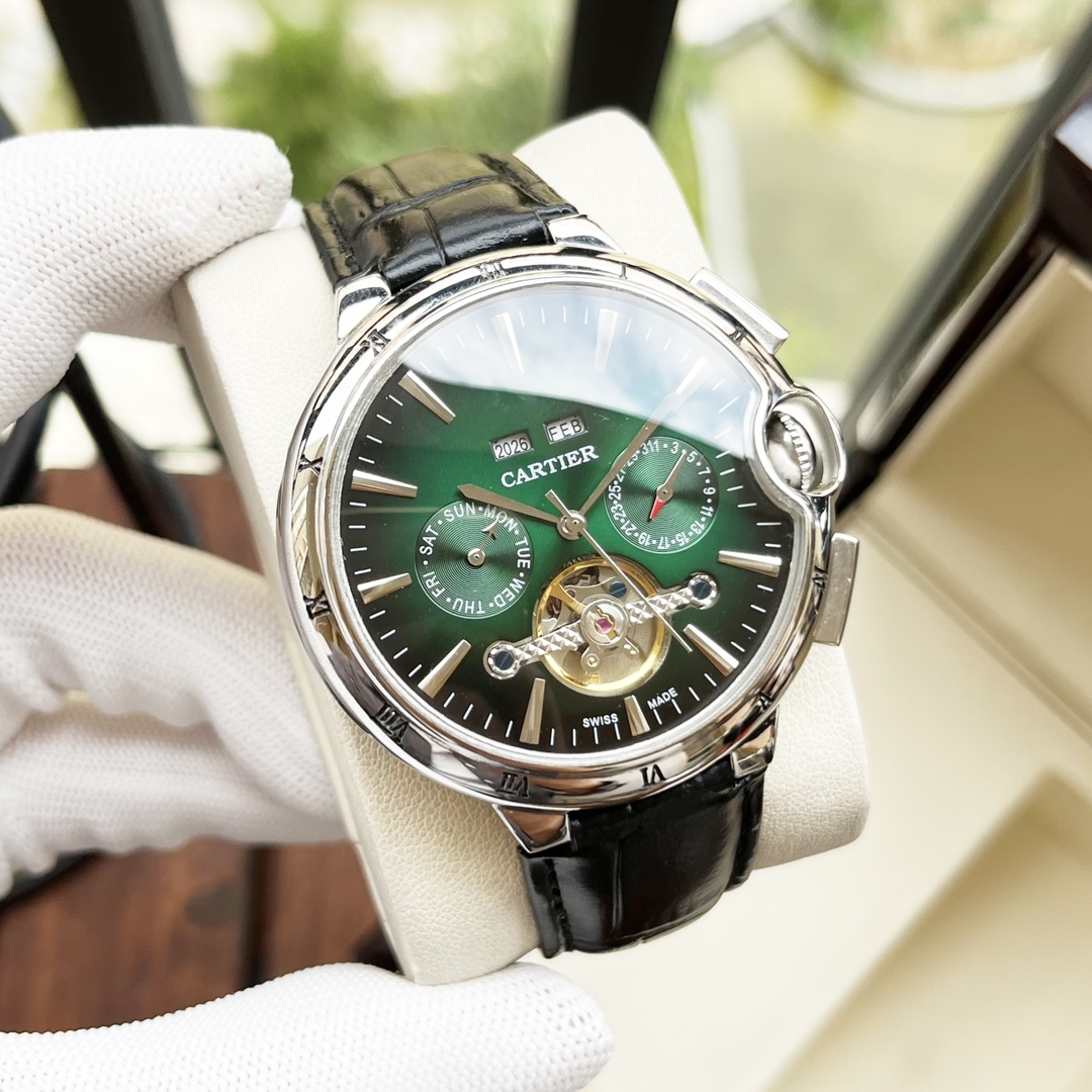 Cartier 白壳 玫瑰金 【全新风格 】卡地亚-Cartier 男士腕表 全自动机械机芯 矿物强化玻璃 316L精钢表壳 真皮表带 休闲 商务 尺寸:径44mm 厚度12mm