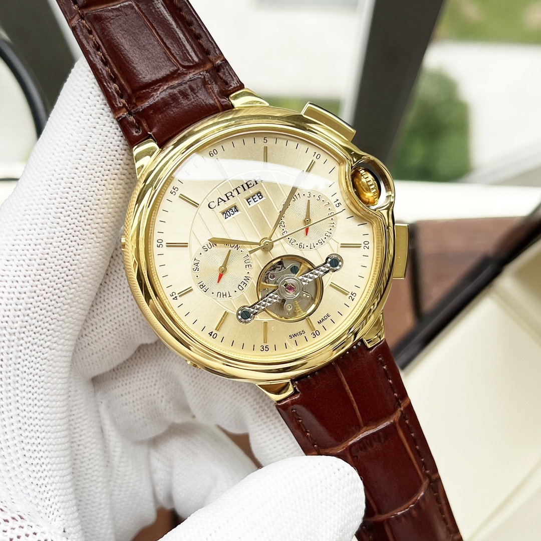 Cartier 白壳 玫金壳 【全新风格 】卡地亚-Cartier 男士腕表 全自动机械机芯 矿物强化玻璃 316L精钢表壳 真皮表带 休闲 商务 尺寸:直径44mm 厚度12mm