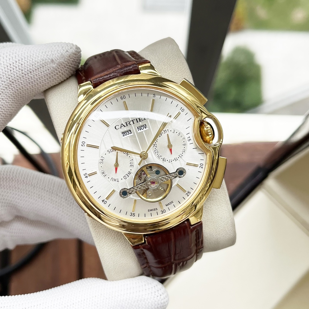 Cartier 白壳 玫金壳 【全新风格 】卡地亚-Cartier 男士腕表 全自动机械机芯 矿物强化玻璃 316L精钢表壳 真皮表带 休闲 商务 尺寸:直径44mm 厚度12mm