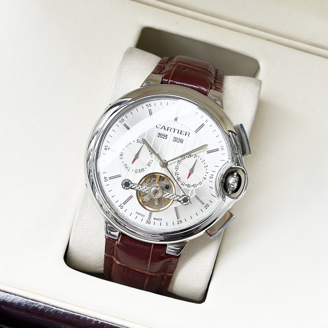 Cartier 白壳 玫金壳 【全新风格 】卡地亚-Cartier 男士腕表 全自动机械机芯 矿物强化玻璃 316L精钢表壳 真皮表带 休闲 商务 尺寸:直径44mm 厚度12mm