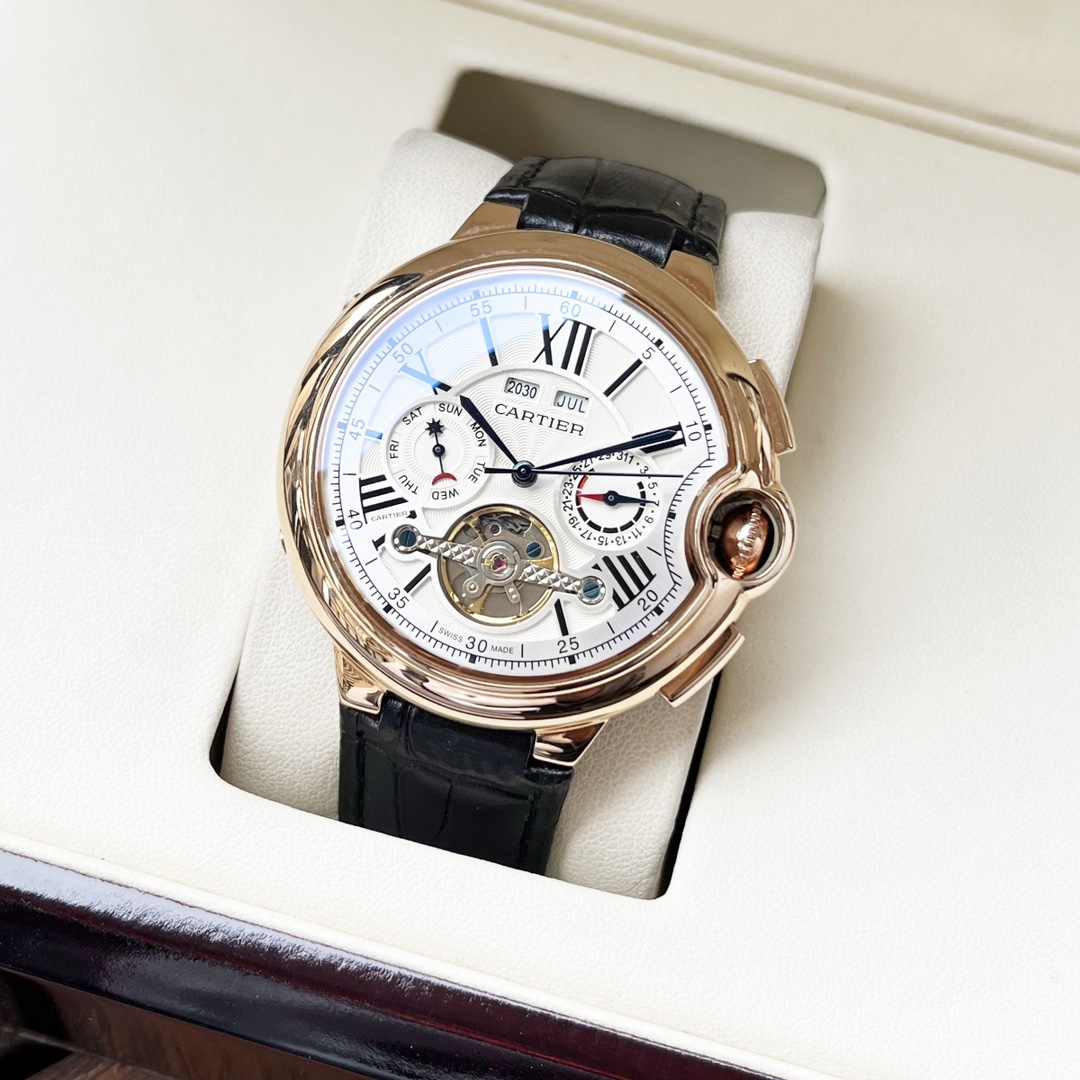 NO:394148,White shell, rose gold. [New design, elegant and atmospheric] Cartier-Cartier men's watch, fully automatic mechanical movement, mineral reinforced glass, 316L stainless steel case, leather strap, fashion and casual, business must-have Size: diameter 44mm, thickness 12mm,, cartier, cartier19860909白壳,玫瑰金.【全新设计 典雅大气】卡地亚-Cartier 男士腕表 全自动机械机芯 矿物强化玻璃 316L精钢表壳 真皮表带 时尚休闲 商务必备 尺寸:直径44mm 厚度12mm,,cartier,cartier,Watch