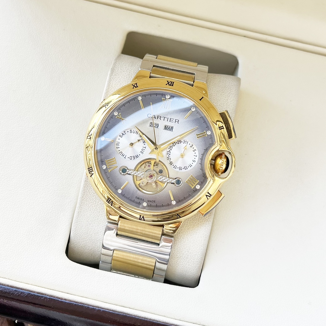 Cartier 白壳 玫金壳 【全新风格 典雅 】卡地亚-Cartier 男士腕表 全自动机械机芯 矿物强化玻璃 316L精钢表壳 精钢表带 潮流 商务休闲 尺寸:直径44mm 厚度12mm