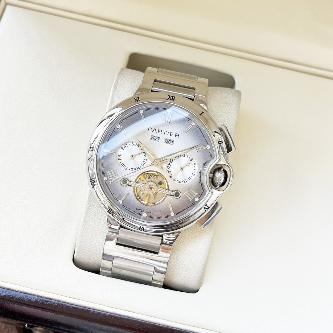 Cartier 白壳 玫金壳 【全新风格 典雅 】卡地亚-Cartier 男士腕表 全自动机械机芯 矿物强化玻璃 316L精钢表壳 精钢表带 潮流 商务休闲 尺寸:直径44mm 厚度12mm