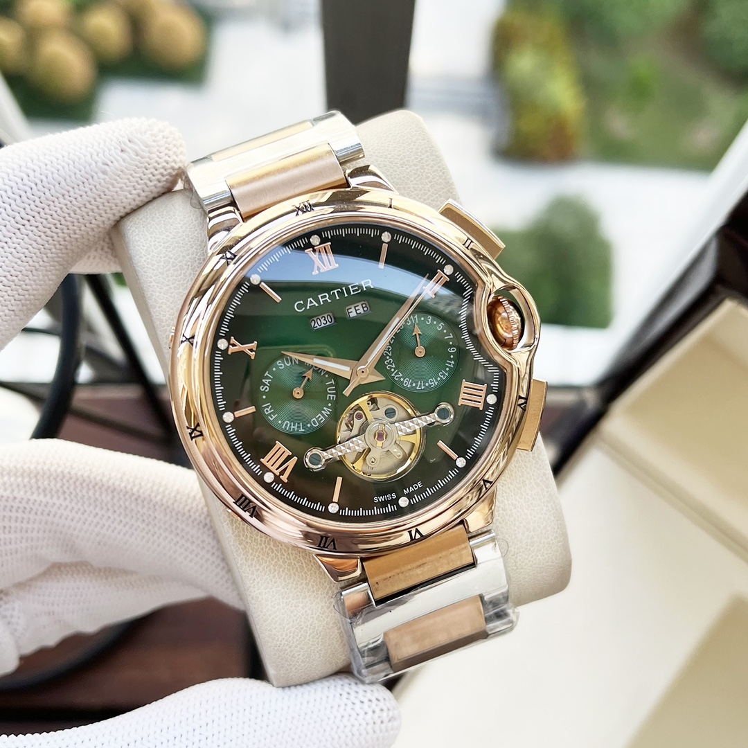 Cartier 白壳 玫金壳 【全新风格 典雅 】卡地亚-Cartier 男士腕表 全自动机械机芯 矿物强化玻璃 316L精钢表壳 精钢表带 潮流 商务休闲 尺寸:直径44mm 厚度12mm