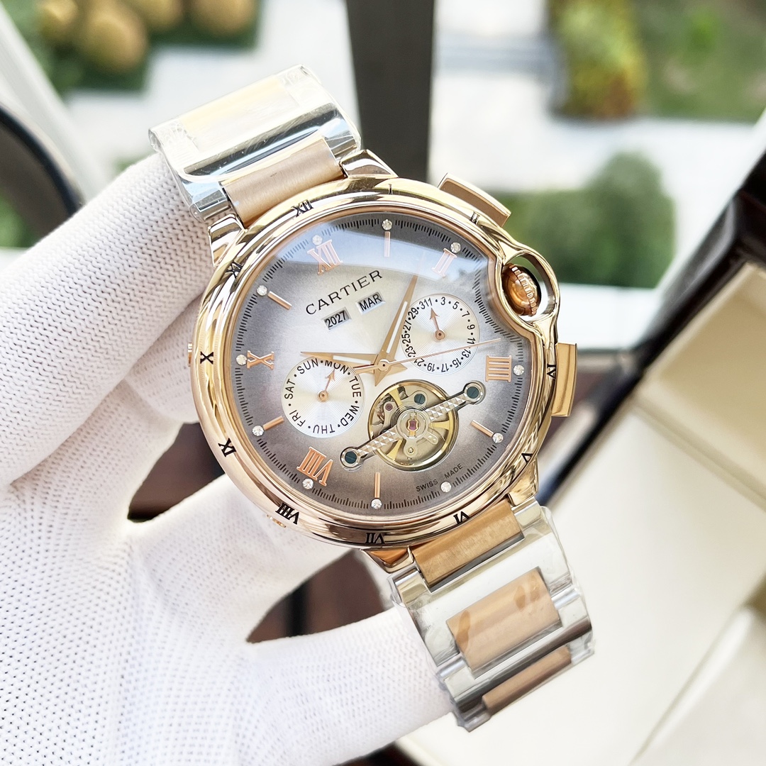 Cartier 白壳 玫金壳 【全新风格 典雅 】卡地亚-Cartier 男士腕表 全自动机械机芯 矿物强化玻璃 316L精钢表壳 精钢表带 潮流 商务休闲 尺寸:直径44mm 厚度12mm