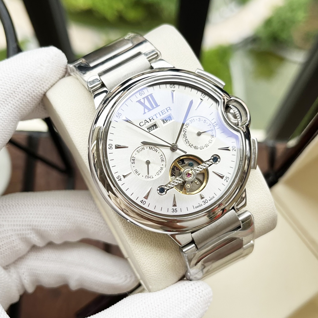 Cartier 白壳 玫瑰金 钢带+30 【全新风格 】卡地亚-Cartier 男士腕表 全自动机械机芯 矿物强化玻璃 316L精钢表壳 真皮/精钢表带 休闲 商务 尺寸:径44mm 厚度12mm