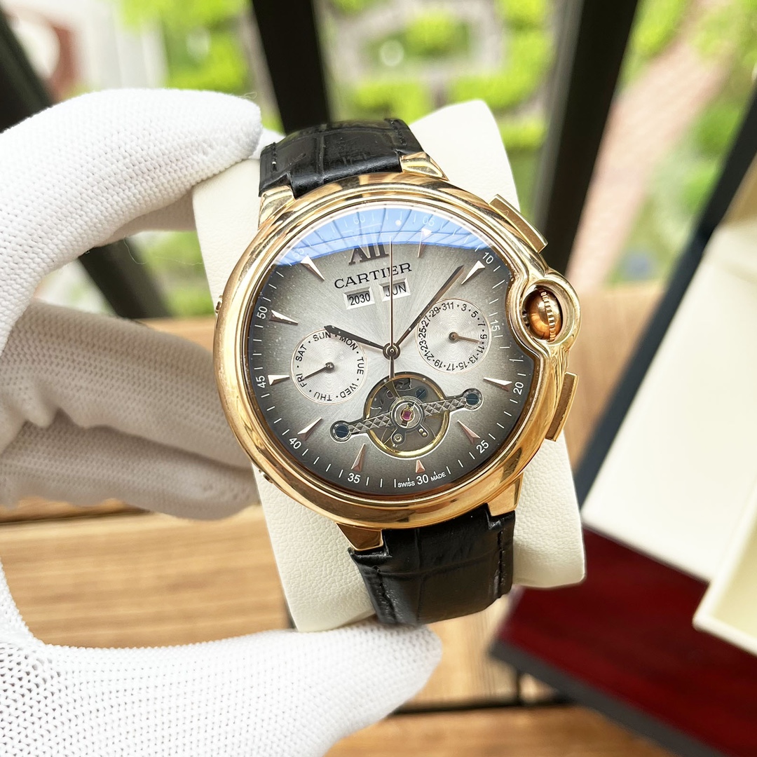 Cartier 白壳 玫金壳 【全新风格 】卡地亚-Cartier 男士腕表 全自动机械机芯 矿物强化玻璃 316L精钢表壳 真皮表带 休闲 商务 尺寸:直径44mm 厚度12mm