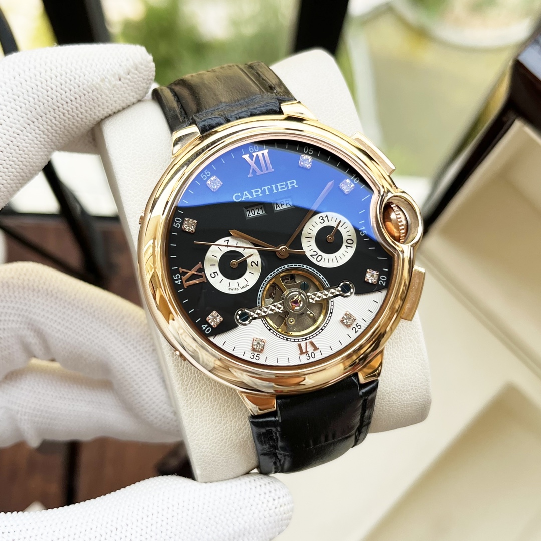 Cartier 白壳 玫瑰金 【全新设计 典雅 】卡地亚-Cartier 男士腕表 全自动机械机芯 矿物强化玻璃 316L精钢表壳 真皮表带 休闲 商务 尺寸:直径44mm 厚度12mm