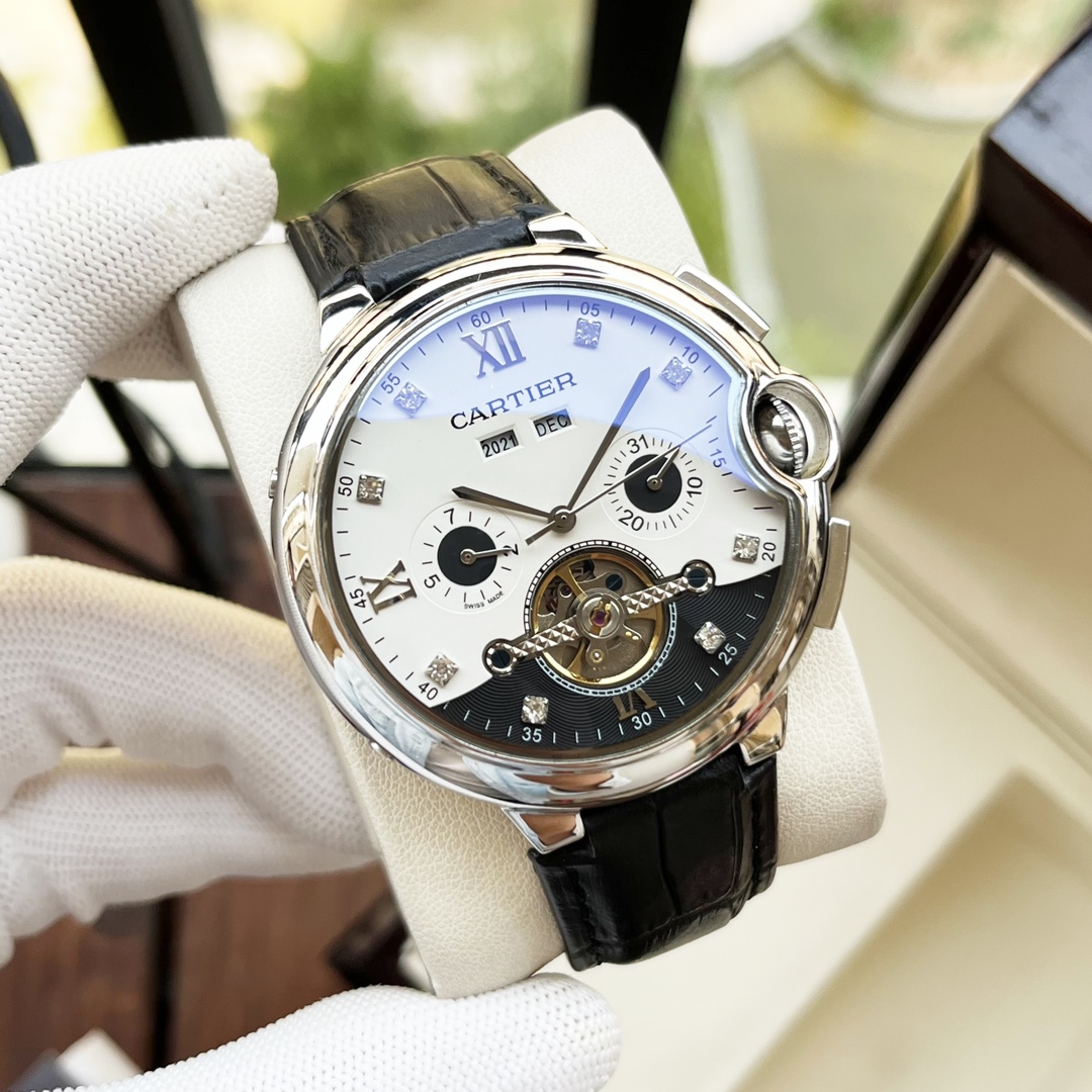 Cartier 白壳 玫瑰金 【全新设计 典雅 】卡地亚-Cartier 男士腕表 全自动机械机芯 矿物强化玻璃 316L精钢表壳 真皮表带 休闲 商务 尺寸:直径44mm 厚度12mm