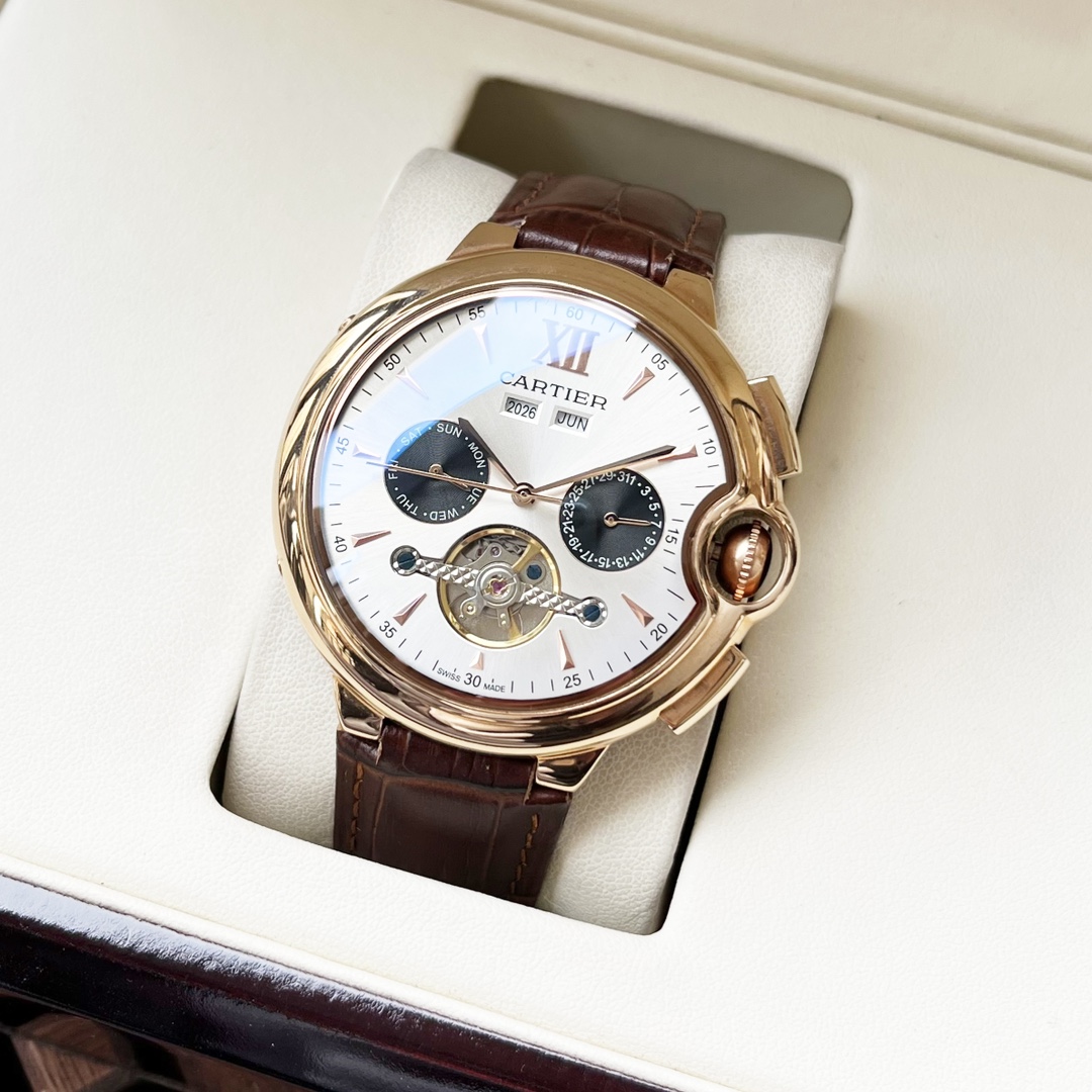 Cartier 白壳 玫金壳 【全新风格 】卡地亚-Cartier 男士腕表 全自动机械机芯 矿物强化玻璃 316L精钢表壳 真皮表带 休闲 商务 尺寸:径44mm 厚度12mm