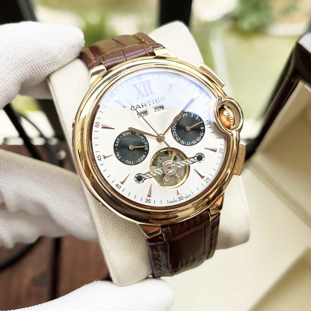 Cartier 白壳 玫金壳 【全新风格 】卡地亚-Cartier 男士腕表 全自动机械机芯 矿物强化玻璃 316L精钢表壳 真皮表带 休闲 商务 尺寸:径44mm 厚度12mm