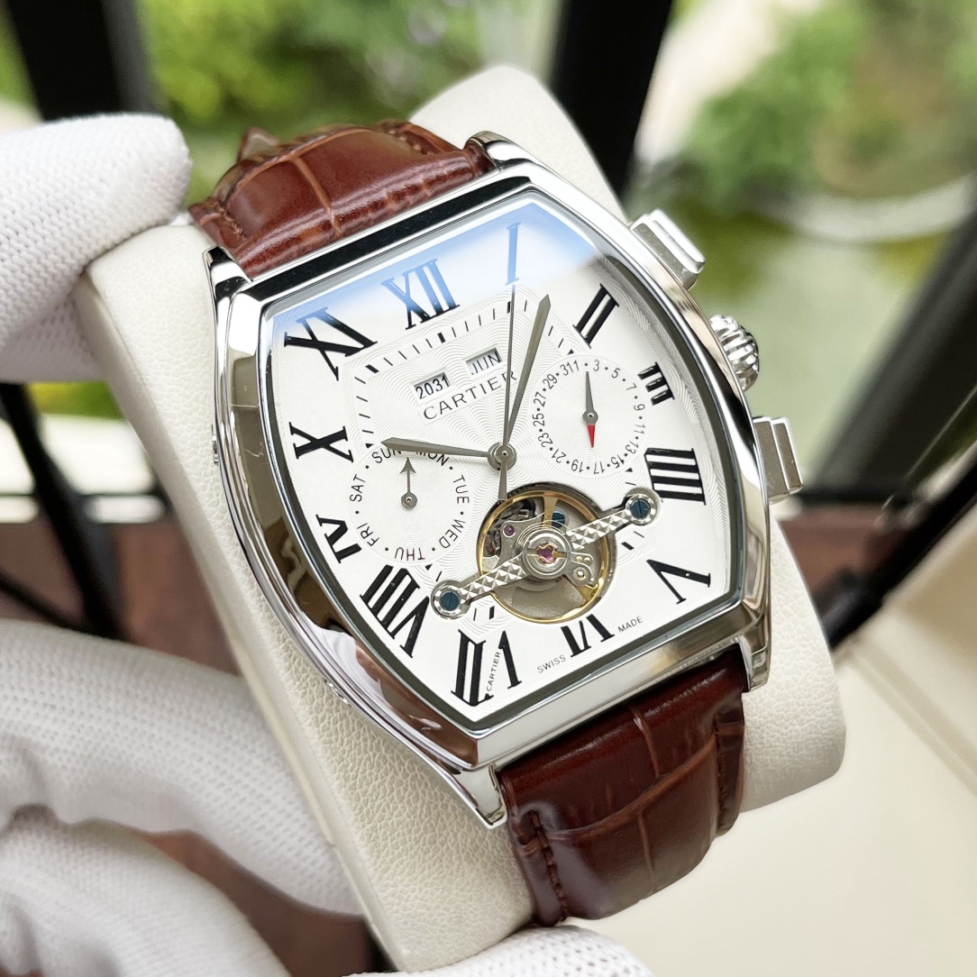 Cartier 白壳 玫金壳 【全新风格 】卡地亚-Cartier 男士腕表 全自动机械机芯 矿物强化玻璃 316L精钢表壳 真皮表带 休闲 商务 尺寸:径44mm 厚度12mm