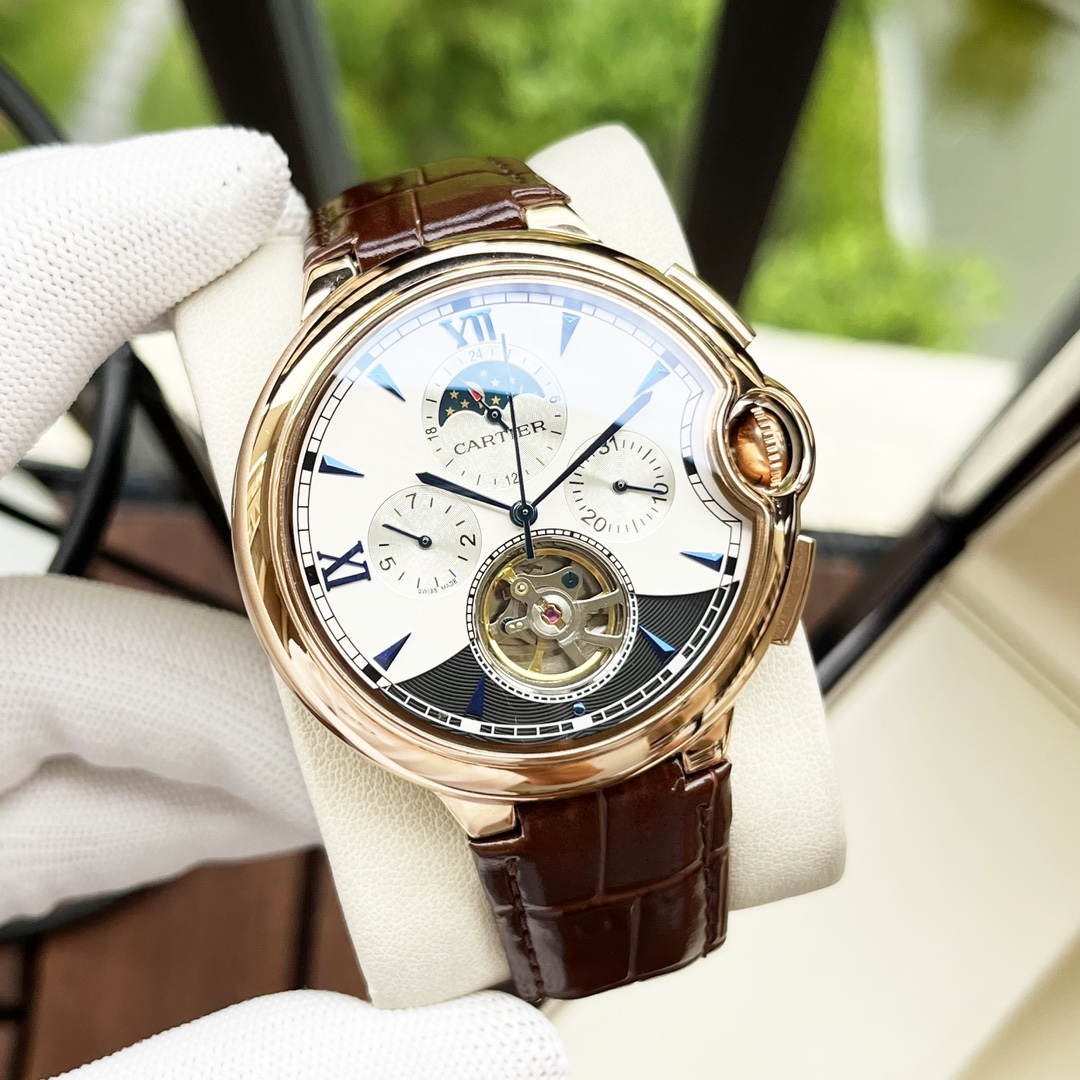 Cartier 白壳 玫瑰金 【典雅气质 】卡地亚-Cartier 男士腕表 全自动机械机芯 矿物强化玻璃 316L精钢表壳 真皮表带 休闲 商务 尺寸:直径44mm 厚度12mm