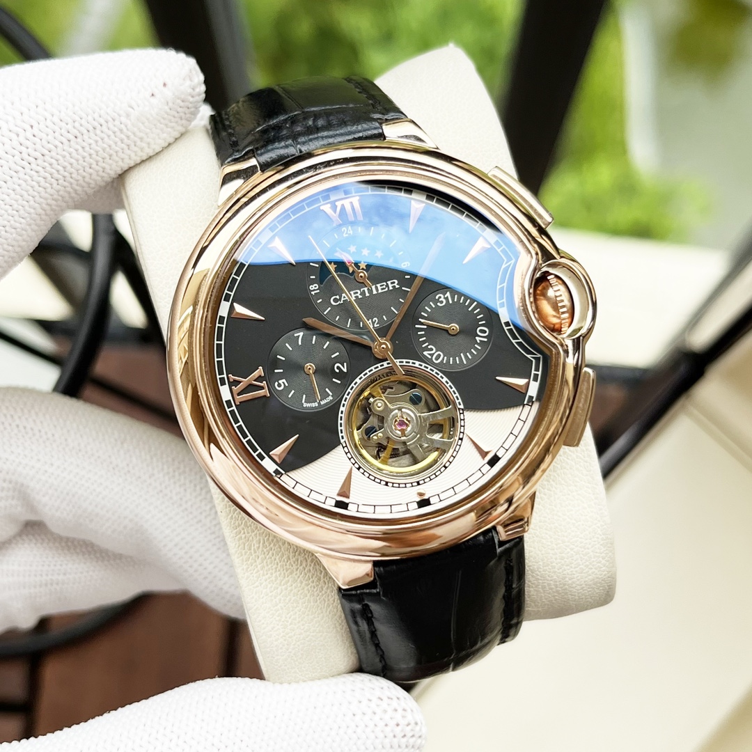Cartier 白壳 玫瑰金 【典雅气质 】卡地亚-Cartier 男士腕表 全自动机械机芯 矿物强化玻璃 316L精钢表壳 真皮表带 休闲 商务 尺寸:直径44mm 厚度12mm