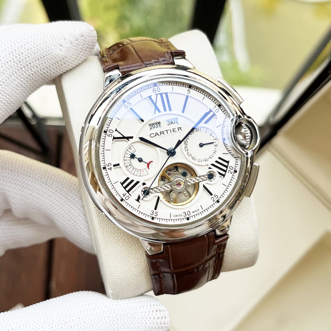 Cartier 白壳 玫瑰金 【全新设计 典雅 】卡地亚-Cartier 男士腕表 全自动机械机芯 矿物强化玻璃 316L精钢表壳 真皮表带 休闲 商务 尺寸:径44mm 厚度12mm