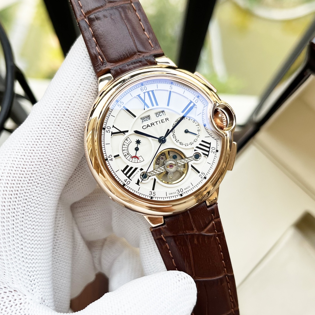 Cartier 白壳 玫瑰金 【全新设计 典雅 】卡地亚-Cartier 男士腕表 全自动机械机芯 矿物强化玻璃 316L精钢表壳 真皮表带 休闲 商务 尺寸:径44mm 厚度12mm