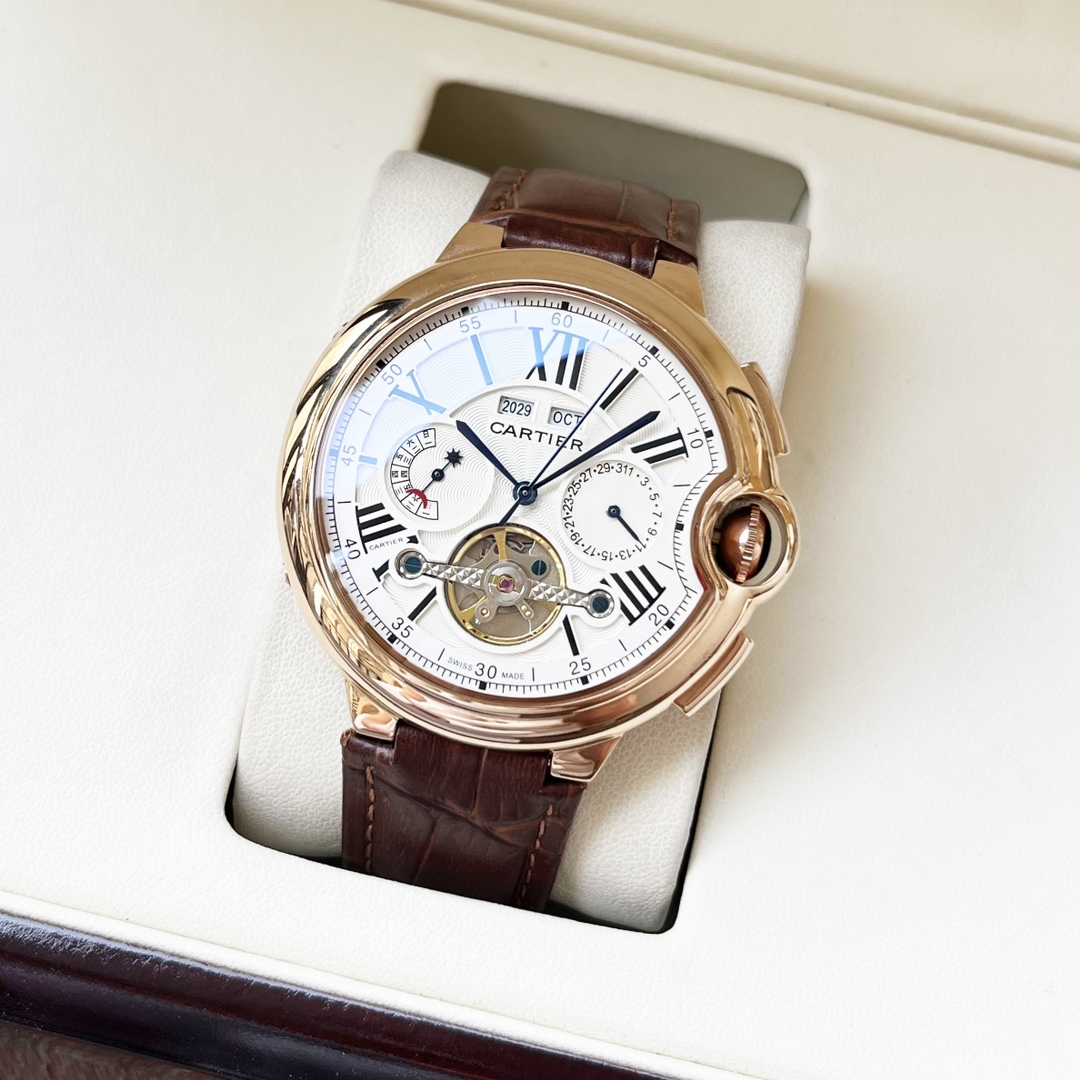 Cartier 白壳 玫瑰金 【全新设计 典雅 】卡地亚-Cartier 男士腕表 全自动机械机芯 矿物强化玻璃 316L精钢表壳 真皮表带 休闲 商务 尺寸:径44mm 厚度12mm