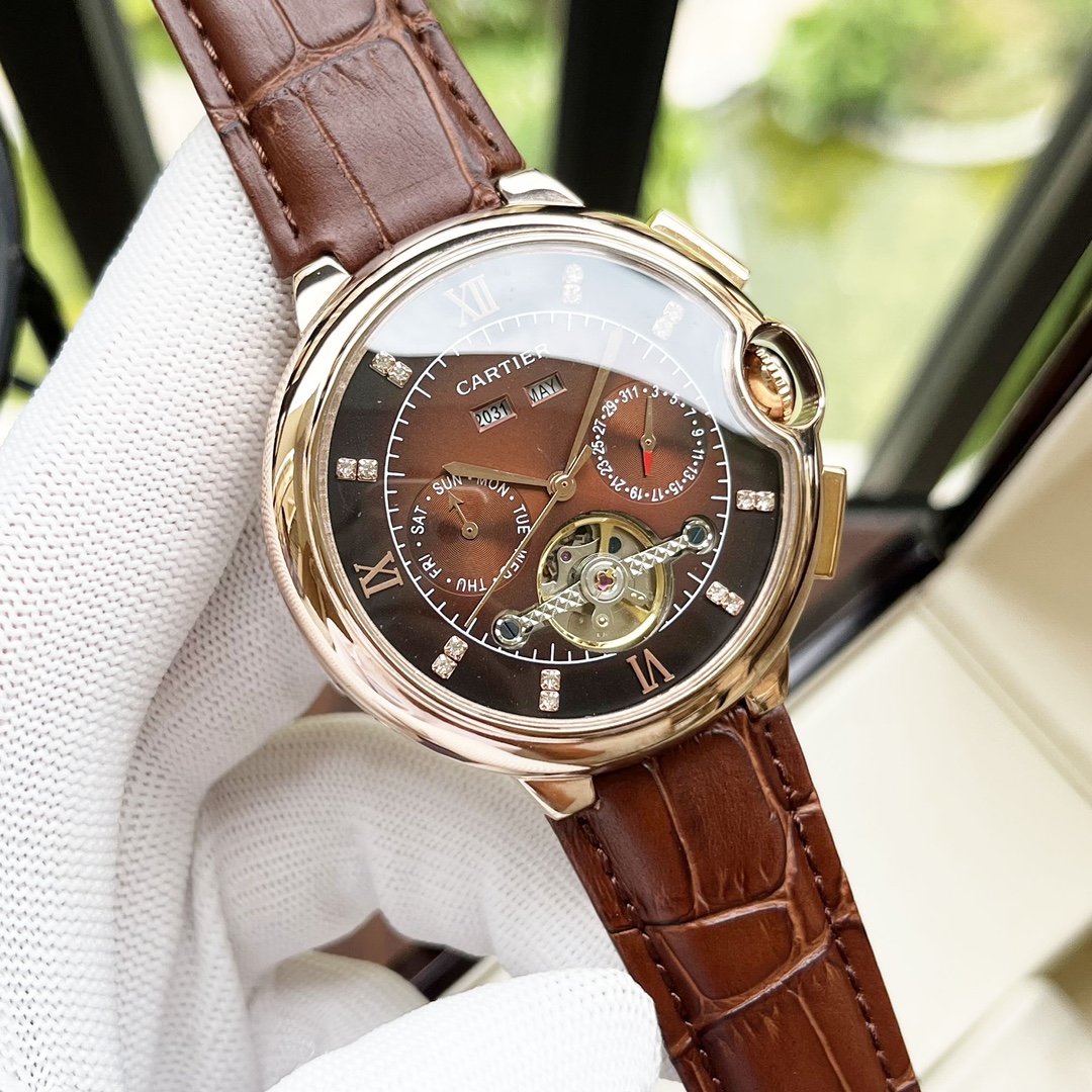Cartier 全新风格 卡地亚-Cartier 男士腕表 全自动机械机芯 矿物强化玻璃 316L精钢表壳 真皮表带 休闲 商务 尺寸:径44mm 厚度12mm