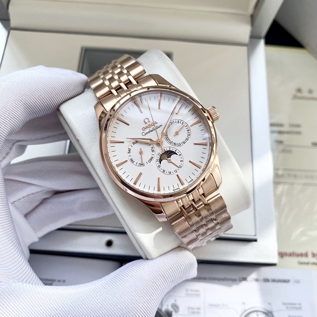 NO:394002,White shell, rose gold, steel belt. Haima upgraded multi-function model adopts multi-function 3836 movement, guaranteed quality, exquisite brushing technology on the side of the shell, has been imitated, accurate picture movement [new upgrade, elegant hot sale] Omega-Omega Men's watch Fully automatic mechanical movement Mineral reinforced glass 316L stainless steel case Steel strap Fashion design Business and casual Size diameter 40mm Thickness 12mm Excellent production,,omega19860909白壳,玫瑰金,钢带. 海马升级多功能款 采用多功能3836机芯 品质有保证 壳身侧边选用精致拉丝工艺 一直被模仿 认准图片机芯【全新升级 优雅热卖】欧米茄-Omega 男士腕表 全自动机械机芯 矿物强化玻璃 316L精钢表壳 精钢表带 时尚设计 商务休闲 尺寸直径40mm 厚度12mm 卓越出品,,omega,Watch