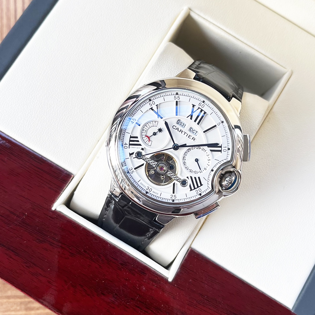 Cartier 白壳 玫瑰金 【全新风格 】卡地亚-Cartier 男士腕表 全自动机械机芯 矿物强化玻璃 316L精钢表壳 真皮表带 休闲 商务 尺寸:径44mm 厚度12mm
