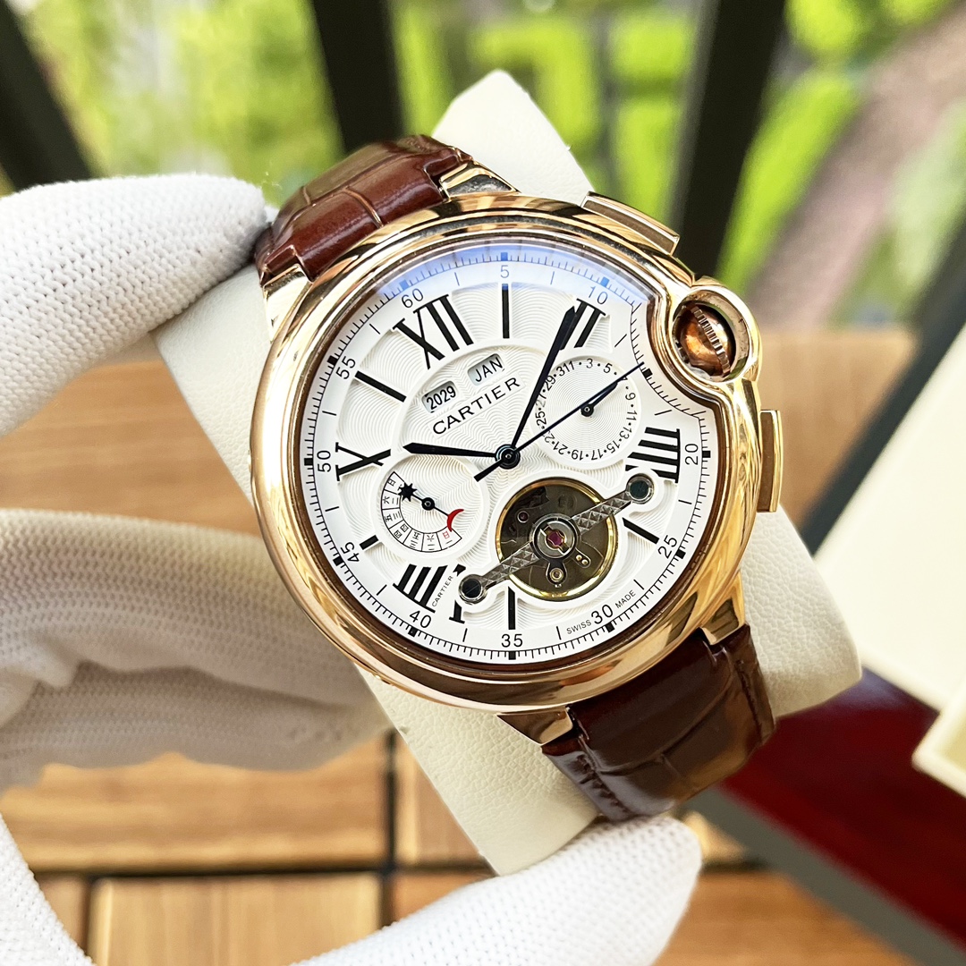 Cartier 白壳 玫瑰金 【全新风格 】卡地亚-Cartier 男士腕表 全自动机械机芯 矿物强化玻璃 316L精钢表壳 真皮表带 休闲 商务 尺寸:直径44mm 厚度12mm