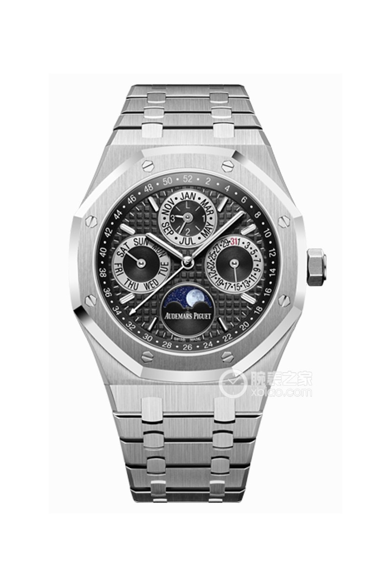 NO:337830,White shell, rose gold. Audemars Piguet Royal Oak Series, Complex Function Perpetual Calendar Watch. Model 26574ST.OO.1220ST.01. Noble Watch Audemars Piguet Royal Oak Series Perpetual Calendar Watch, noble and elegant blue disc with a cool and delicate steel case, perfectly reflects Audemars Piguet's aesthetic design and extremely high technology of complex functions. The case is made of 316L stainless steel, diameter 41 mm. Thickness 11.4 mm. The blue dial is engraved with 