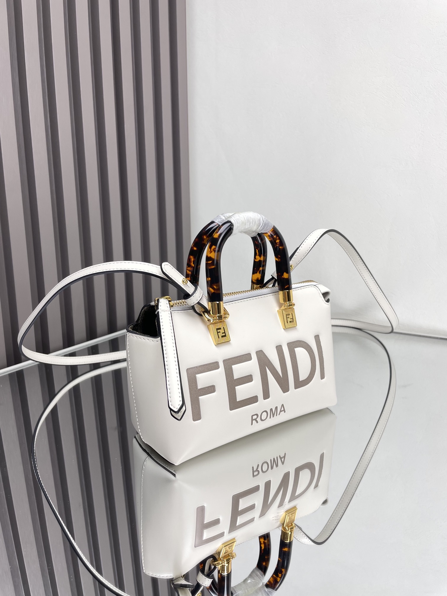 Fendi White Mini By The Way Bag with Tortoiseshell Handles & Shoulder Strap 2 i1712378285 5644 2