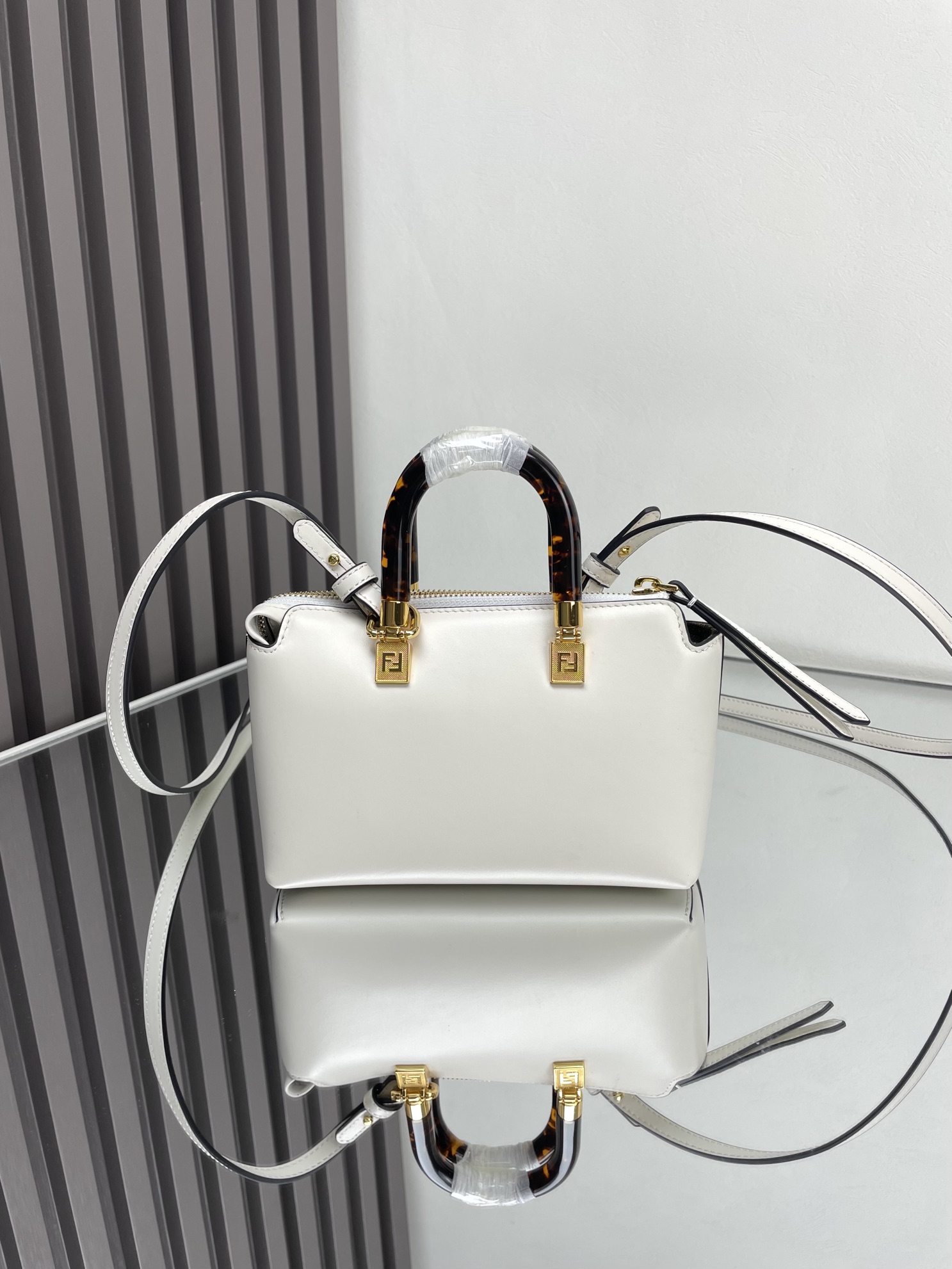 Fendi White Mini By The Way Bag with Tortoiseshell Handles & Shoulder Strap 5 i1712378286 6055 7
