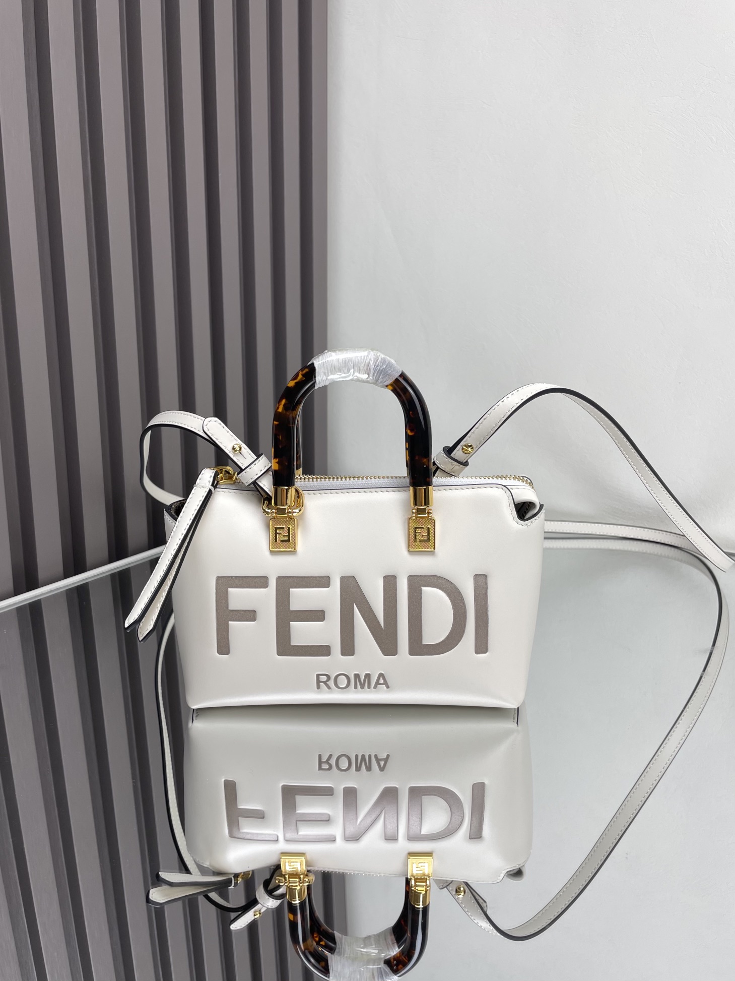 Fendi White Mini By The Way Bag with Tortoiseshell Handles & Shoulder Strap 1 i1712378286 7673 8