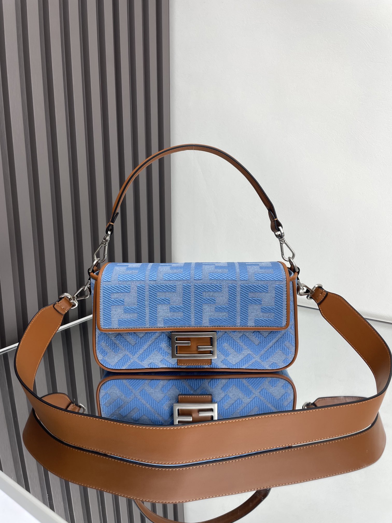 Fendi Baguette Handbag, Stylish Shoulder Bag with Signature FF Logo, Blue 1 i1712762221 9890 4