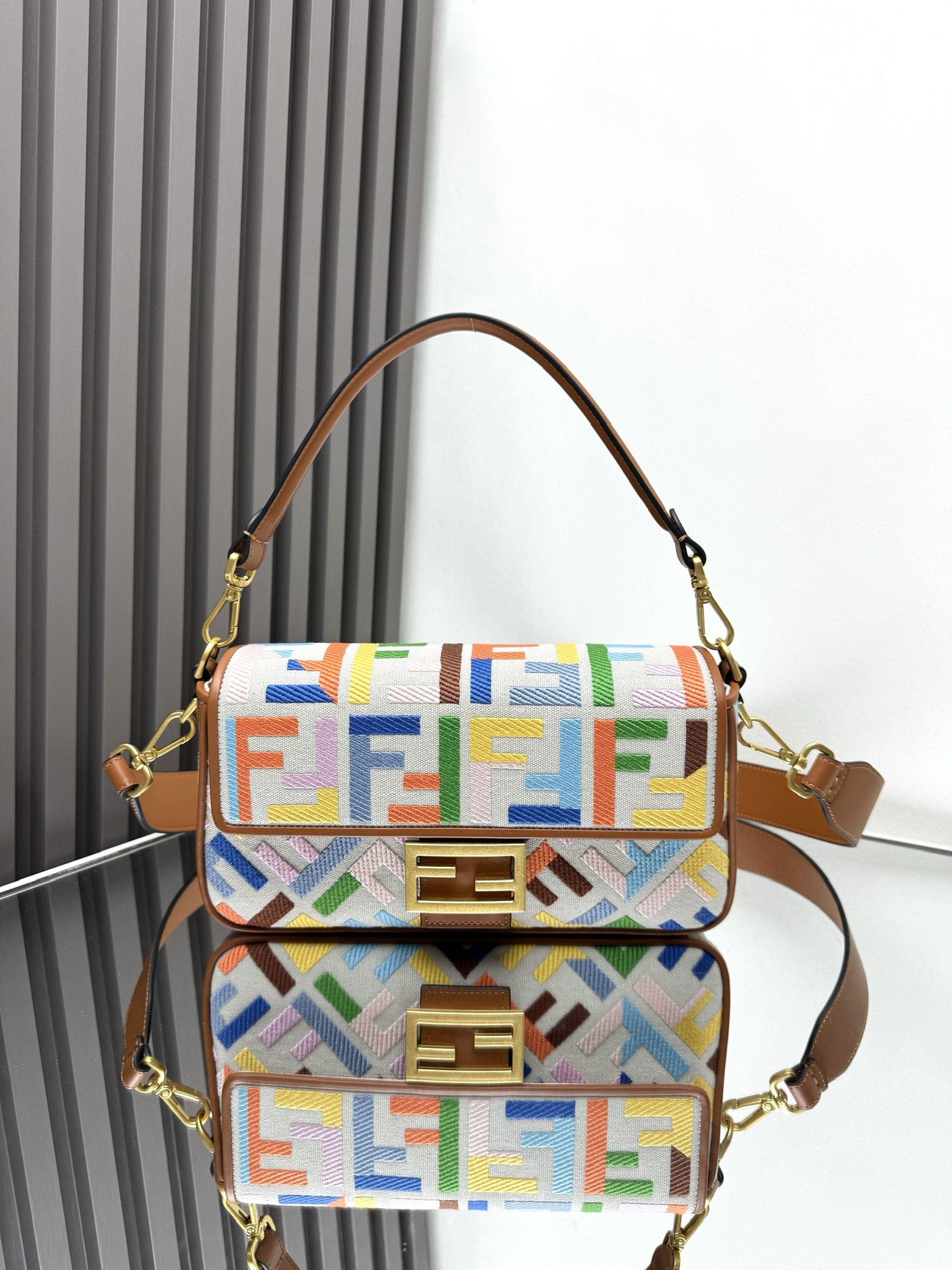 Fendi Baguette Rainbow Embroidered Denim Shoulder Bag with Double F Logo 2 i1719295067 136 0