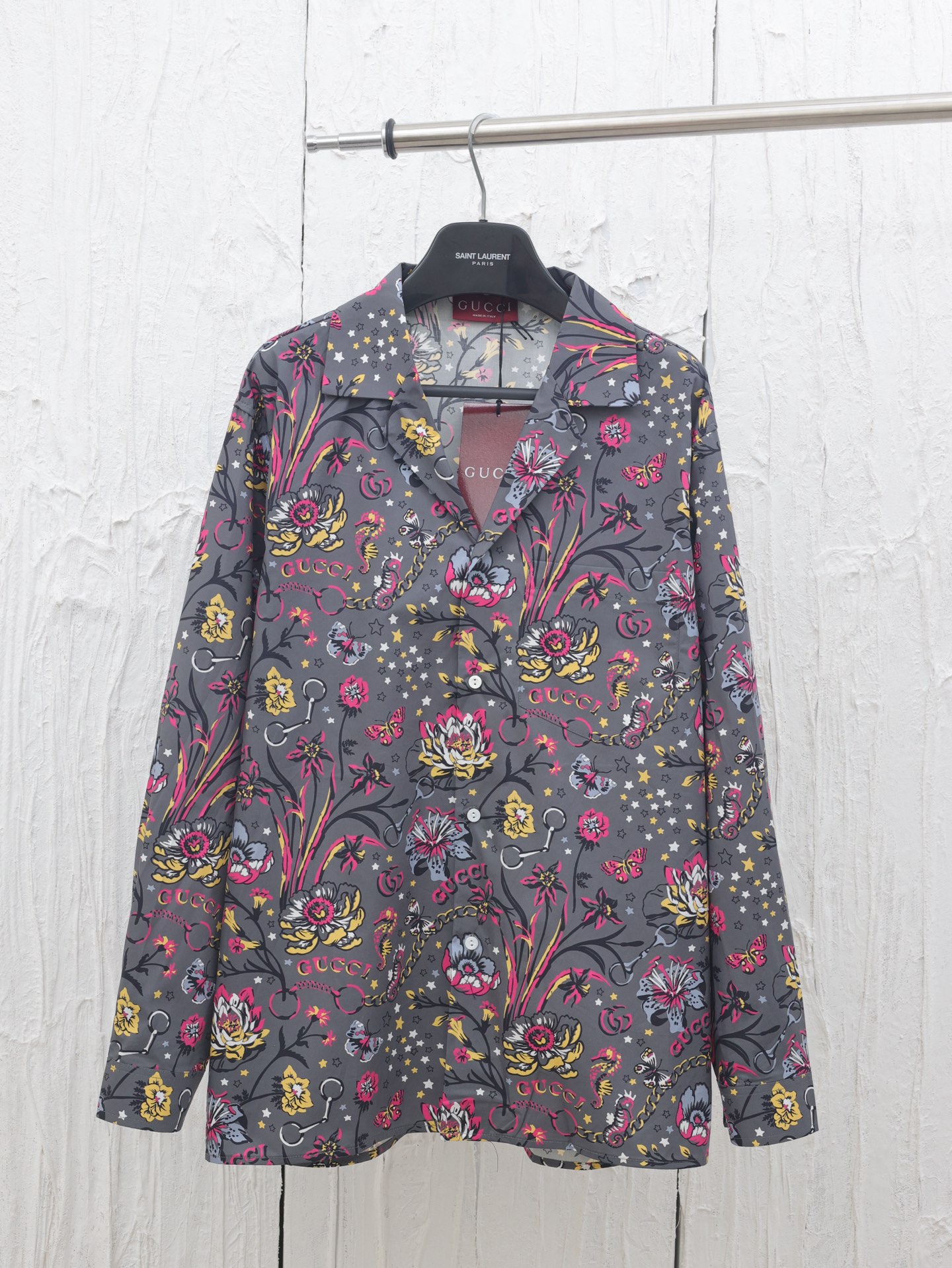 Gucc*/Gucci 25SS camisa casual de manga larga con estampado floral, estampado de flores y plantas por todas partes, log…