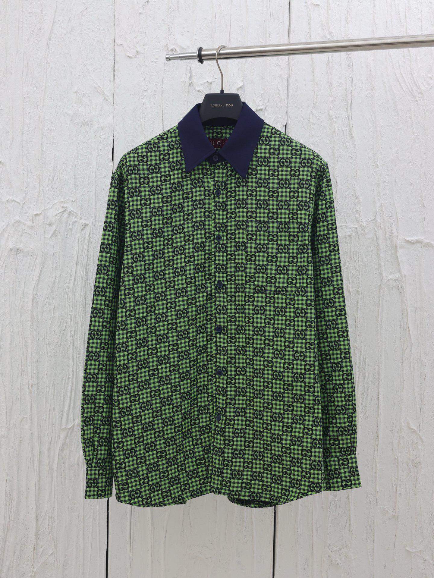 gucci*/Gucci 25SS nueva primavera-verano camisa de cuello con solapa de cuadros finos de manga larga, con tela jacquard…