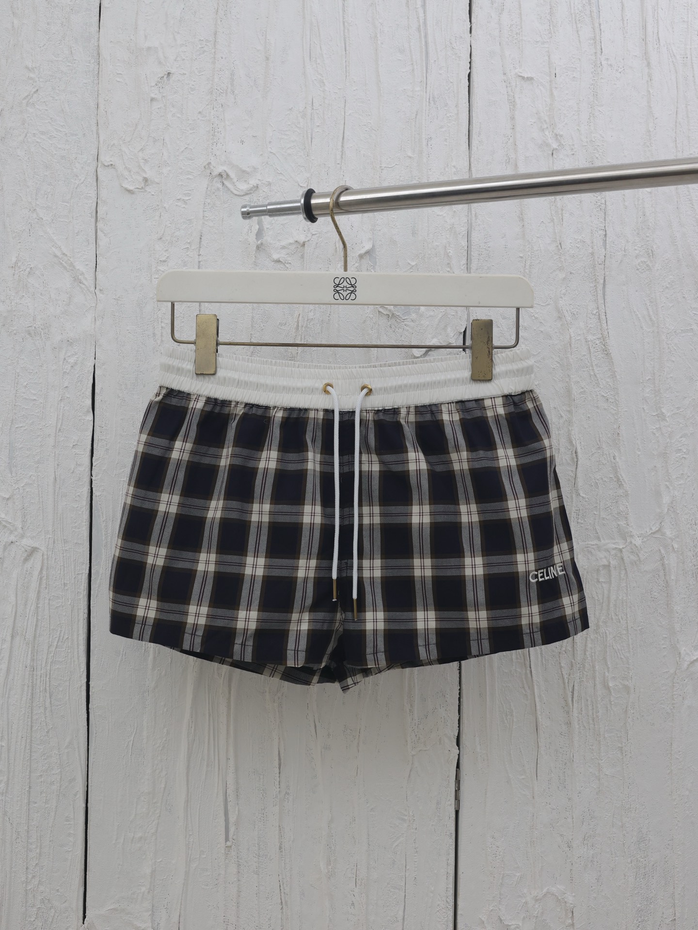 Celine*/Céline Pantalones cortos elásticos con estampado de cuadros y bordado nuevos 25SS primavera/verano. Tallas: 36/…
