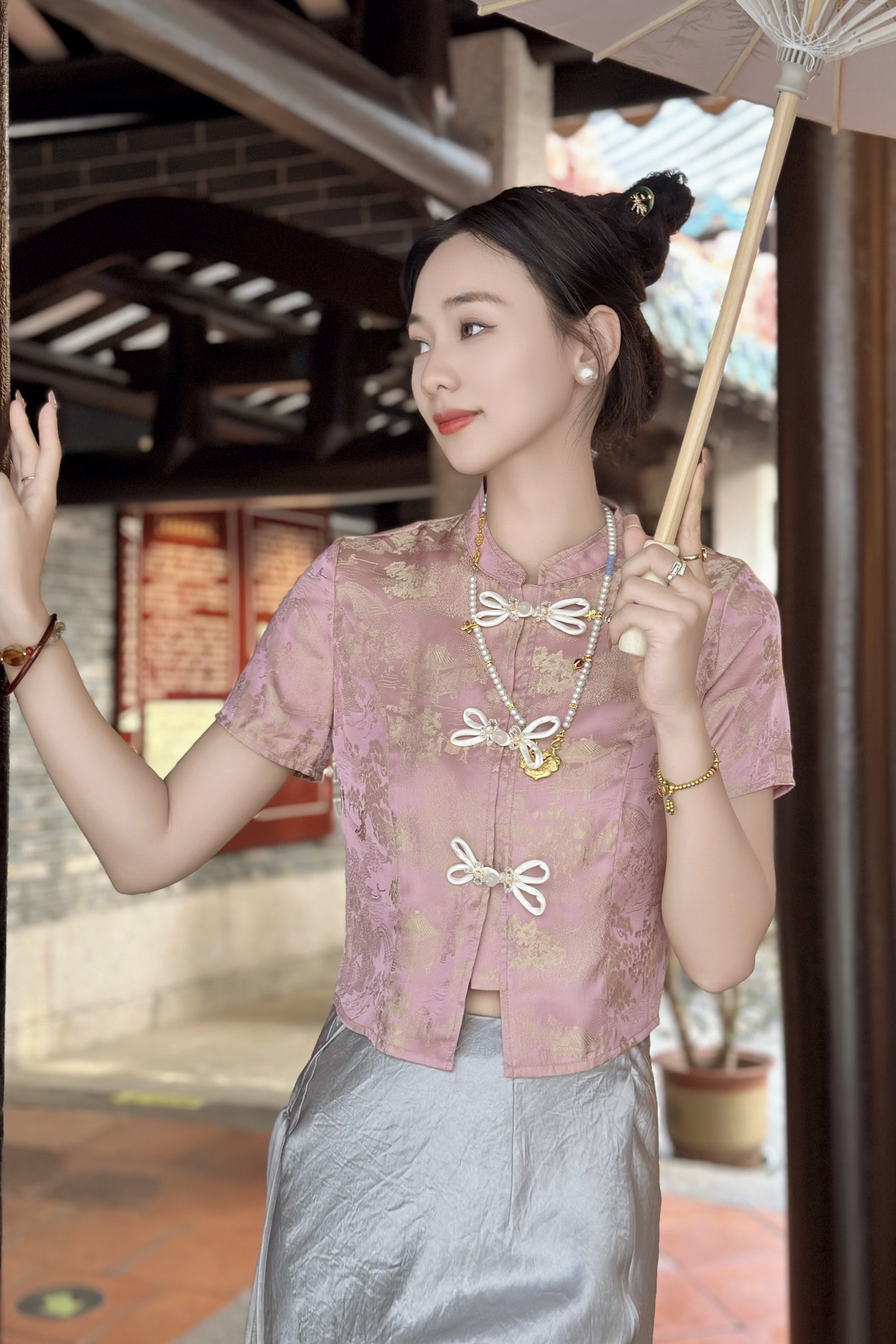 上新啦 上新啦 新中式女装夏季提花短袖衬衫粉色国风洋气小衫唐装人丝短上衣小个子一色4️⃣码 S M L XL183ljew16zswql