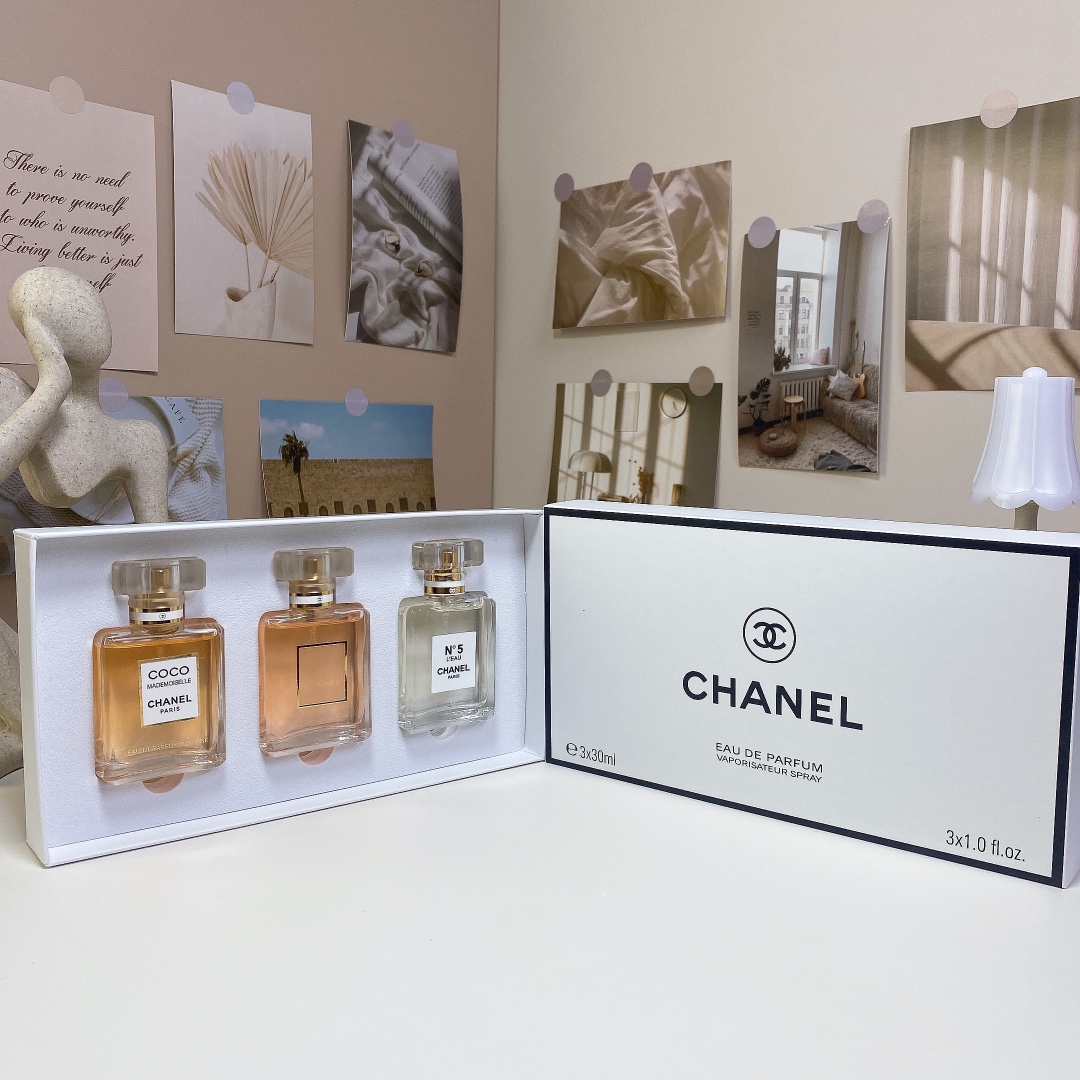 60! Chanel Caja Blanca Set de Muestras 30ml×3, con pulverizador, incluye: Coco Mademoiselle, Coco Noir, Nº5 L'Eau