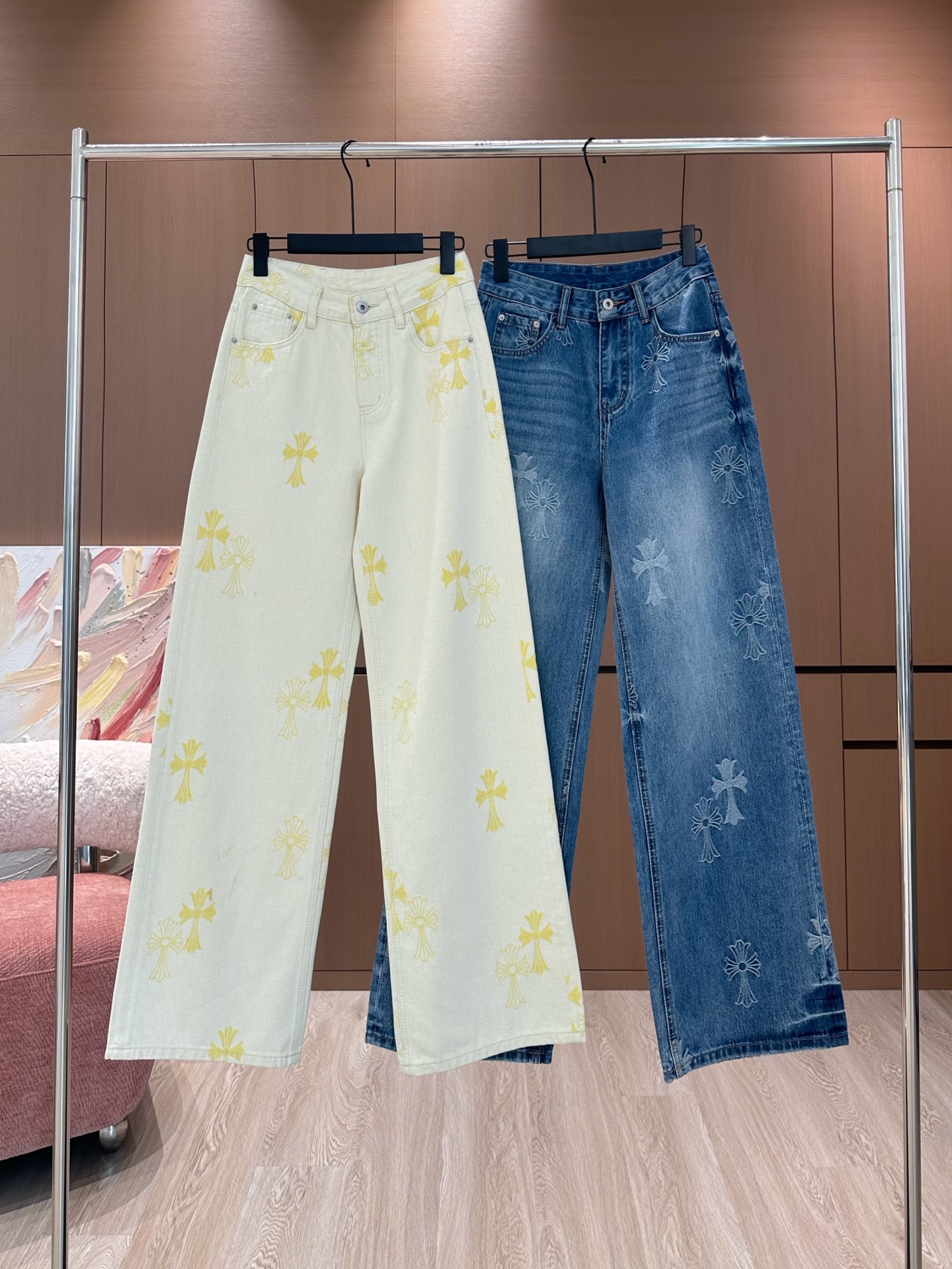 NO:312165,Croxin*25 early spring new original custom design trendy brand cross embroidered leather high waist wide-leg jeans/light yellow light blue SML, chrome hearts, jeans, alexander wang19860909克罗心*25早春新款原创定制设计潮牌十字架刺绣皮标高腰阔腿牛仔裤/浅黄色 浅蓝色SML,,chrome hearts,jeans,alexander wang,Women's clothing