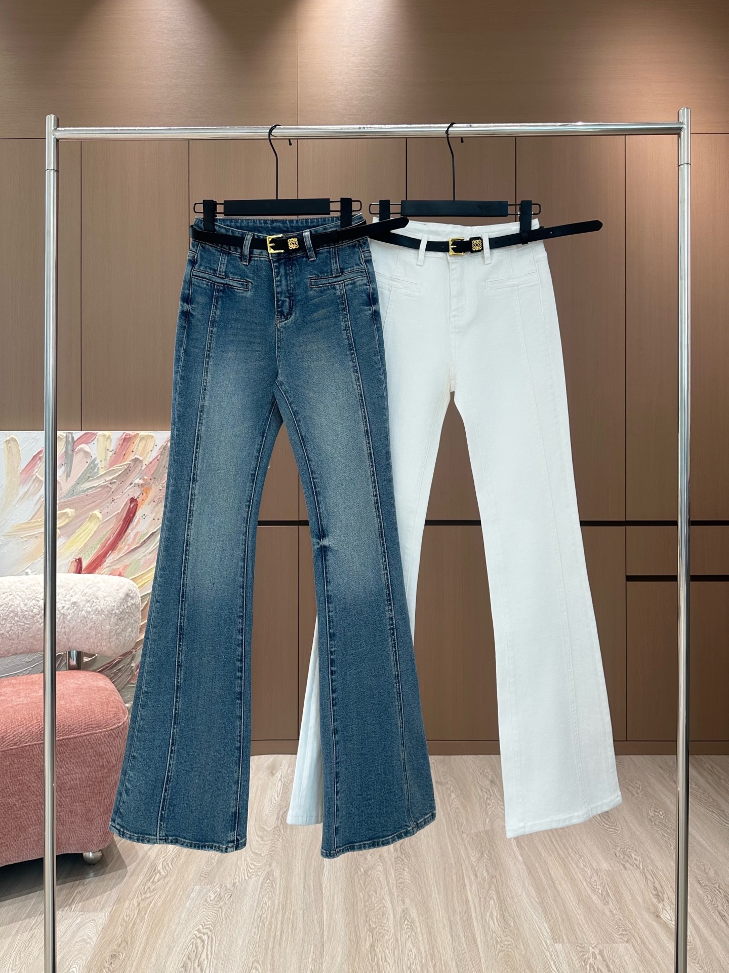 NO:323249,Loew*25 early spring new original custom design American retro washing high waist slim fit stretchy floor micro flared jeans with belt/blue white SML, loewe, jeans, alexander wang19860909Loew*25早春新款原创定制设计美式复古水洗高腰修身显瘦弹力拖地微喇叭牛仔裤配腰带/蓝色 白色SML,,loewe,jeans,alexander wang,Women's clothing