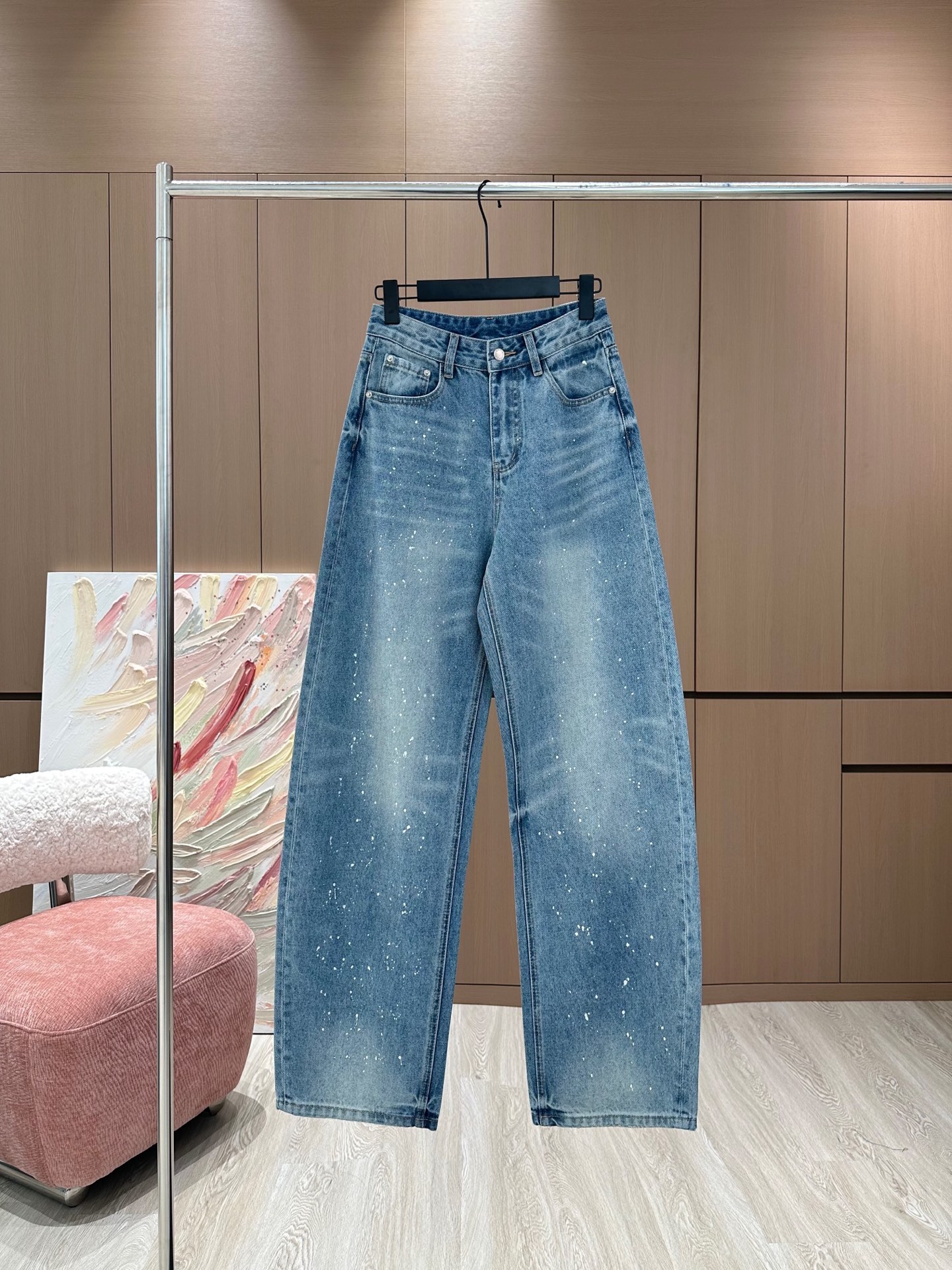 NO:310688,Designer *25 early spring new original custom style ink printing design irregular high waist slimming sickle wide-leg trousers jeans/light blue SML A, jeans, alexander wang19860909设计师*25早春新款原创定制时尚泼墨印设计不规则高腰显瘦镰刀阔腿长裤牛仔裤/浅蓝色 SML A,,jeans,alexander wang,Women's clothing