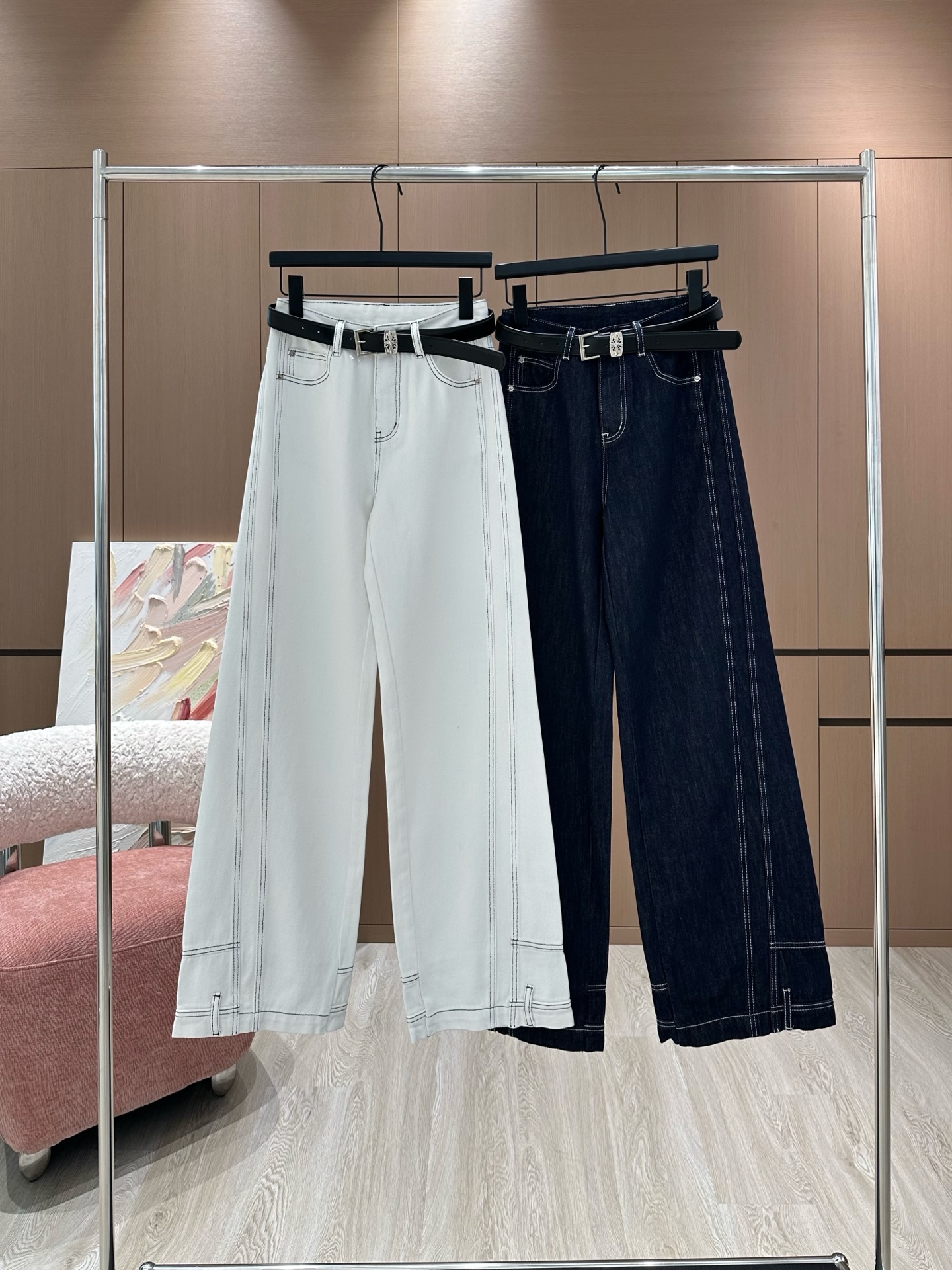 NO:320762,Croxin*25 early spring new original custom design double pocket cross print loose high waist straight jeans trousers with hardware belt/white navy blue SML AA2mm, chrome hearts, jeans, alexander wang19860909克罗心*25早春新款原创定制设计后面双口袋十字架印花宽松高腰直筒牛仔裤长裤配五金腰带/米白色 藏青色 SML AA2mm,,chrome hearts,jeans,alexander wang,Women's clothing