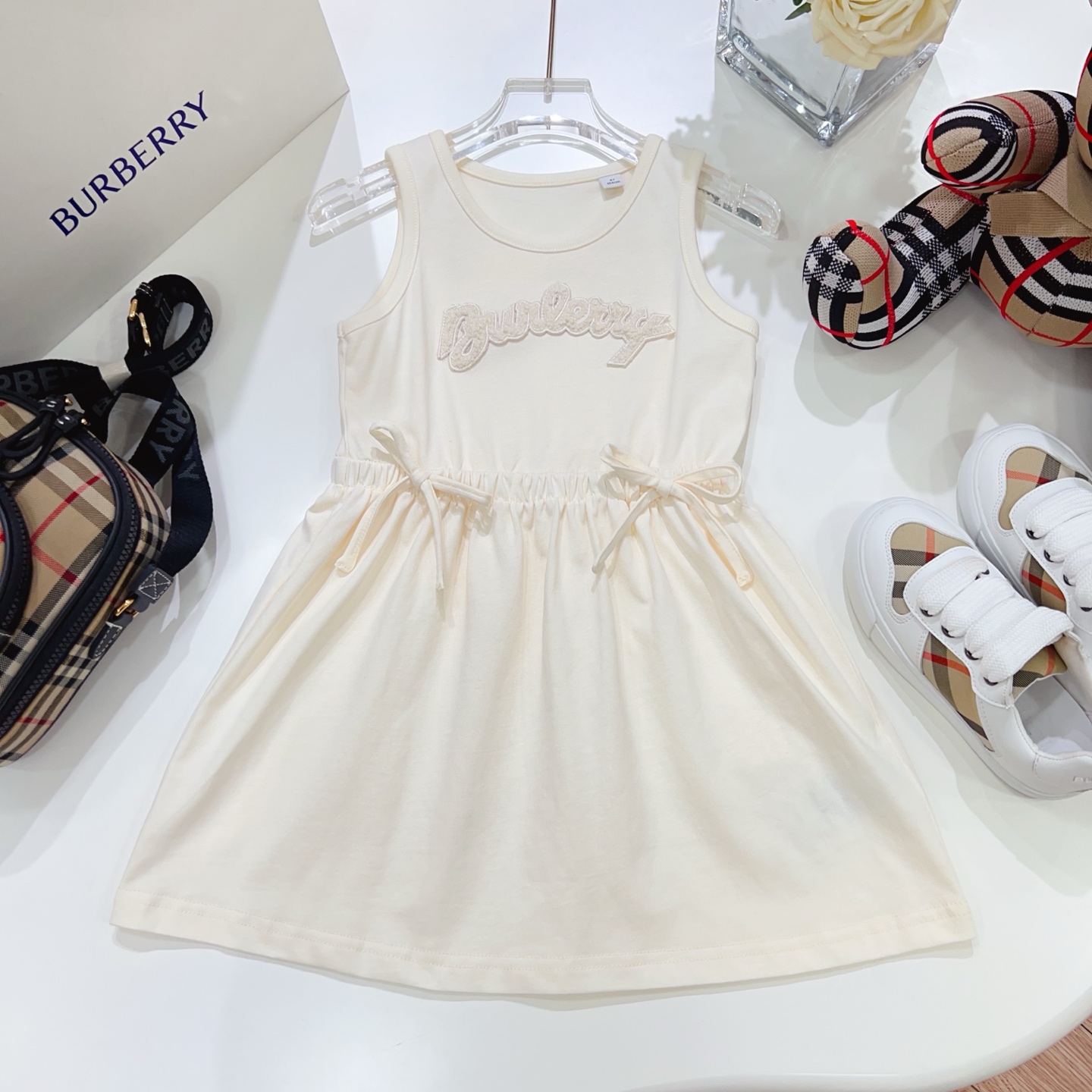 Burberry Kids Ivory Sleeveless Logo Dress With Drawstring Waist (Size 100-150) 2 i1747922578473 1341 0 0