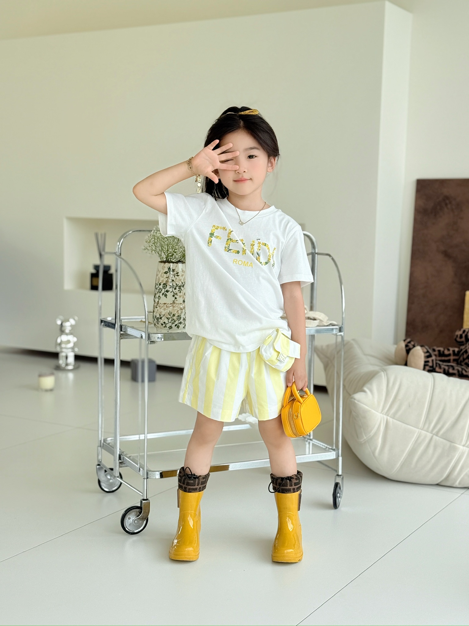 Fendi Kids White Floral Logo Tee and Yellow Striped Skirt Outfit 6 i1749039066993 6042 0 4