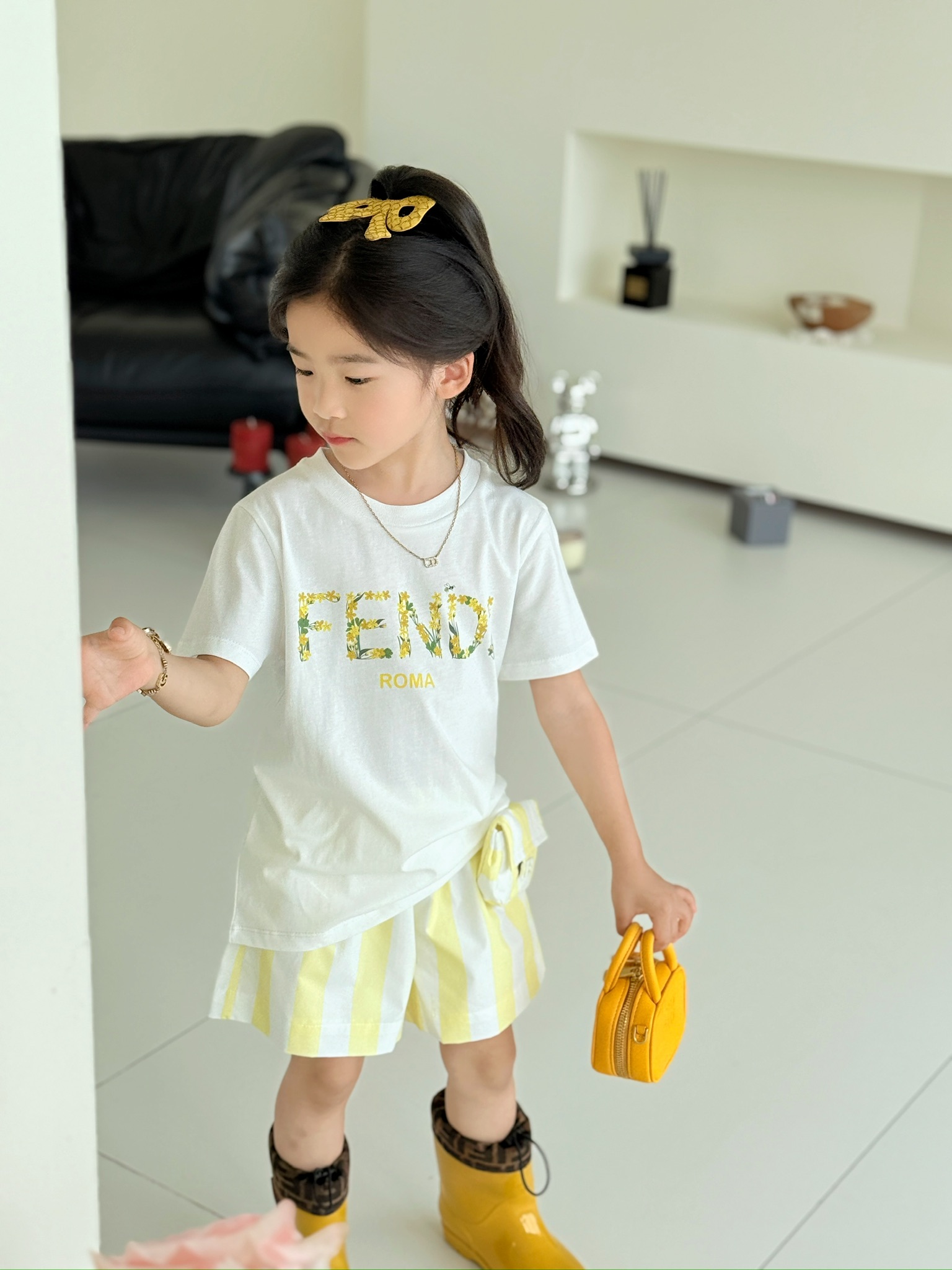 Fendi Kids White Floral Logo Tee and Yellow Striped Skirt Outfit 9 i1749039067000 2287 0 7