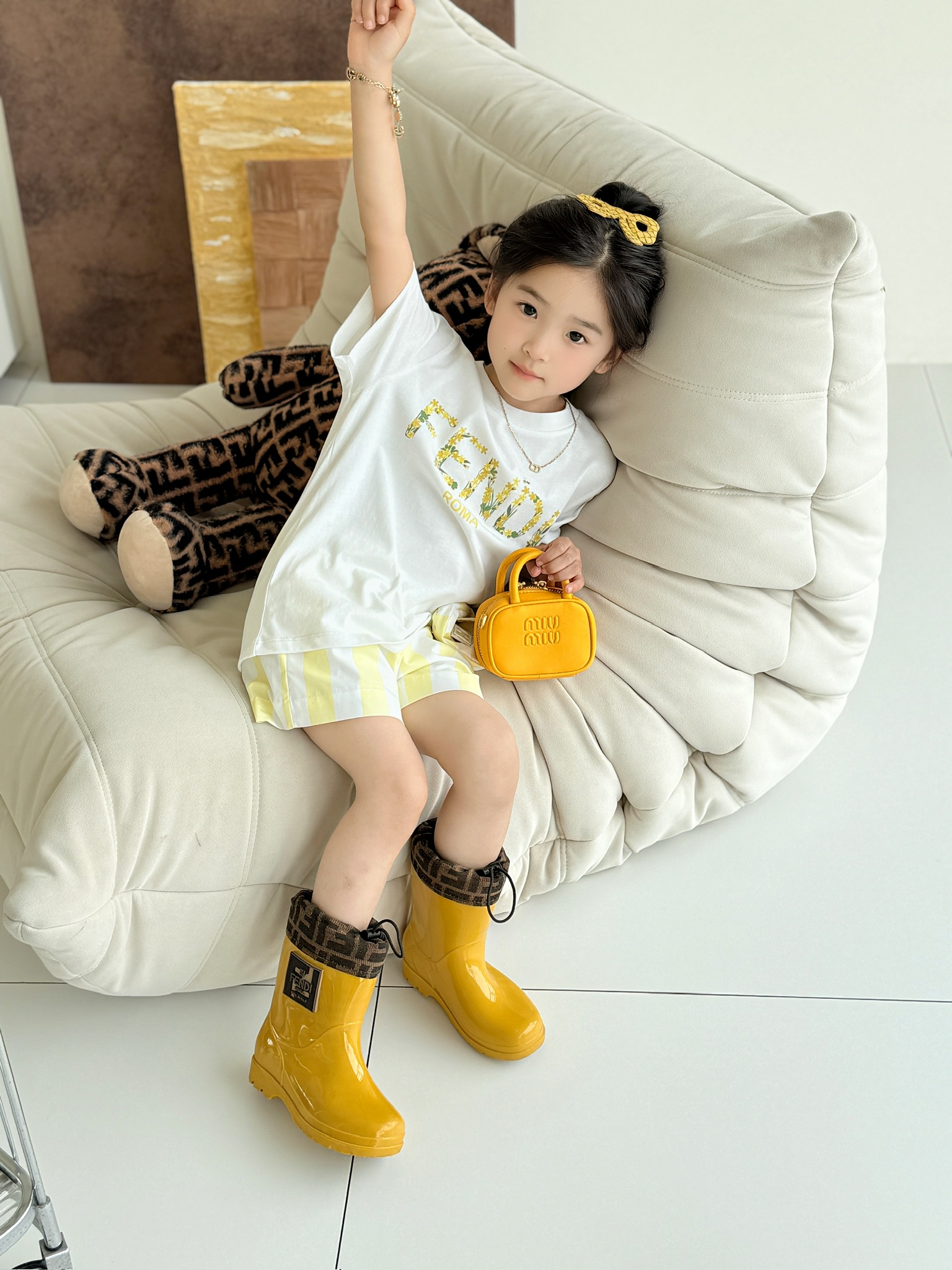 Fendi Kids White Floral Logo Tee and Yellow Striped Skirt Outfit 8 i1749039067000 9120 0 6