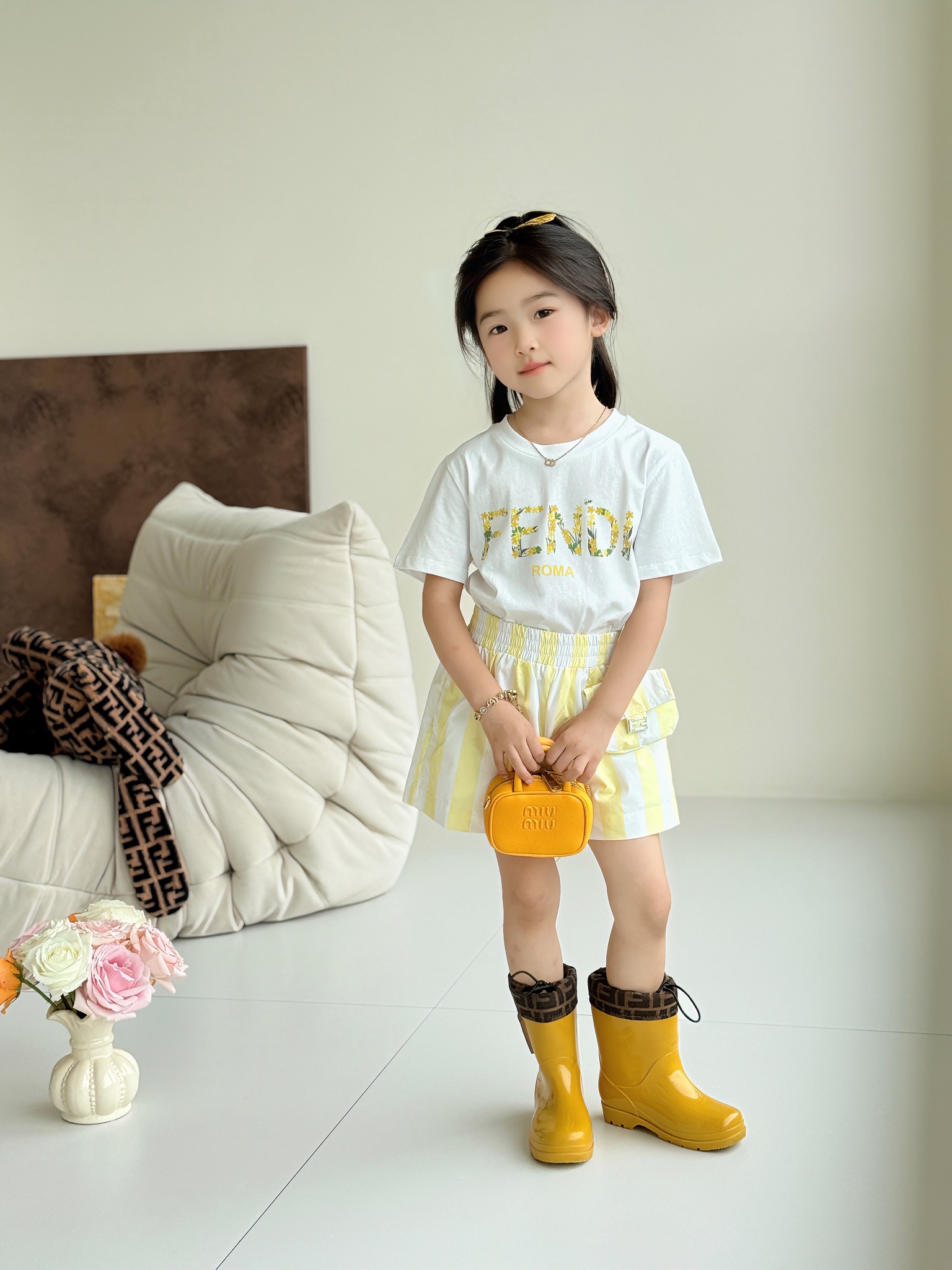 Fendi Kids White Floral Logo Tee and Yellow Striped Skirt Outfit 3 i1749039067773 1762 0 1