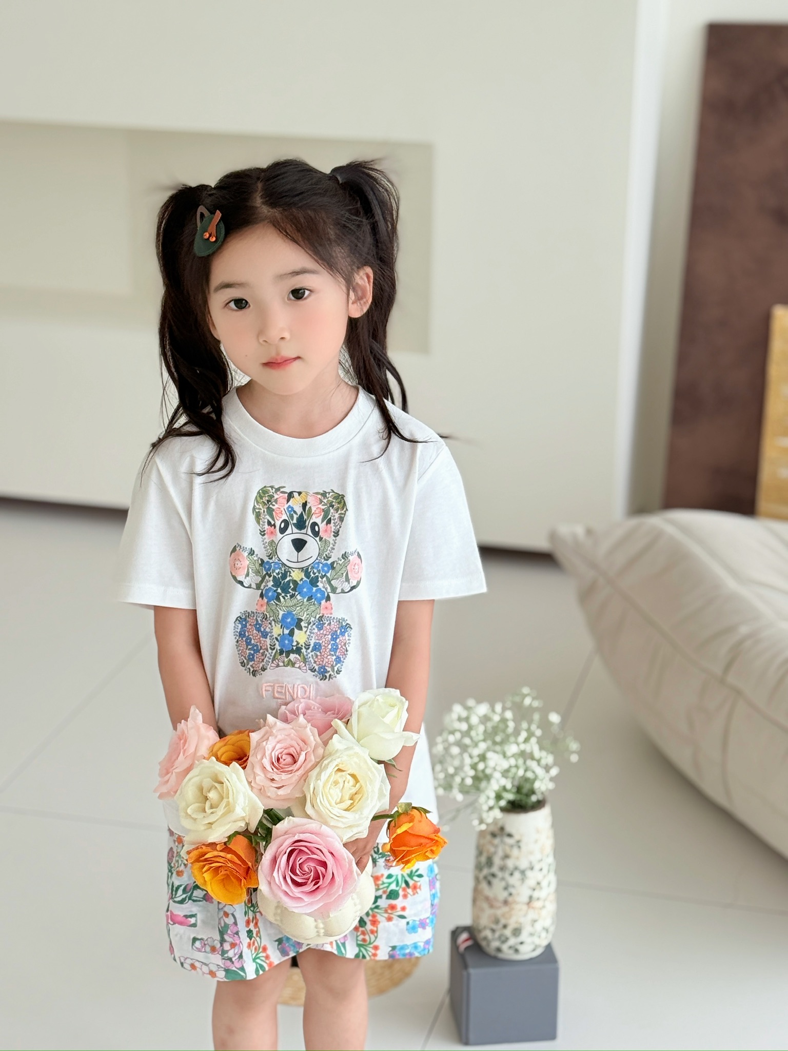 Fendi Kids' White Bear Print T-Shirt & Floral Shorts Set, Sizes 100-150 7 i1749117846777 4418 0 5