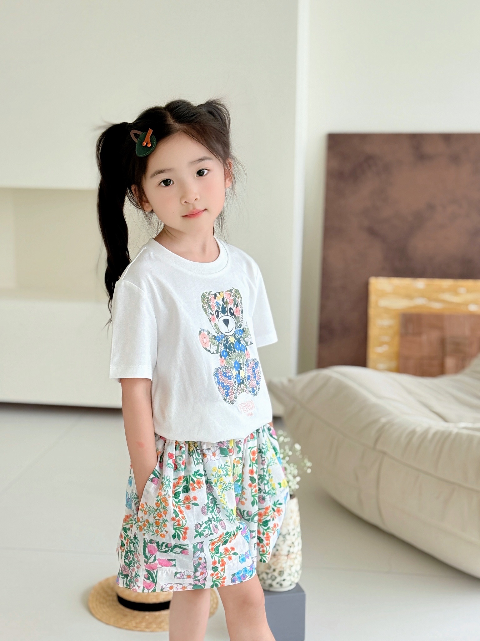 Fendi Kids' White Bear Print T-Shirt & Floral Shorts Set, Sizes 100-150 5 i1749117846777 6292 0 3
