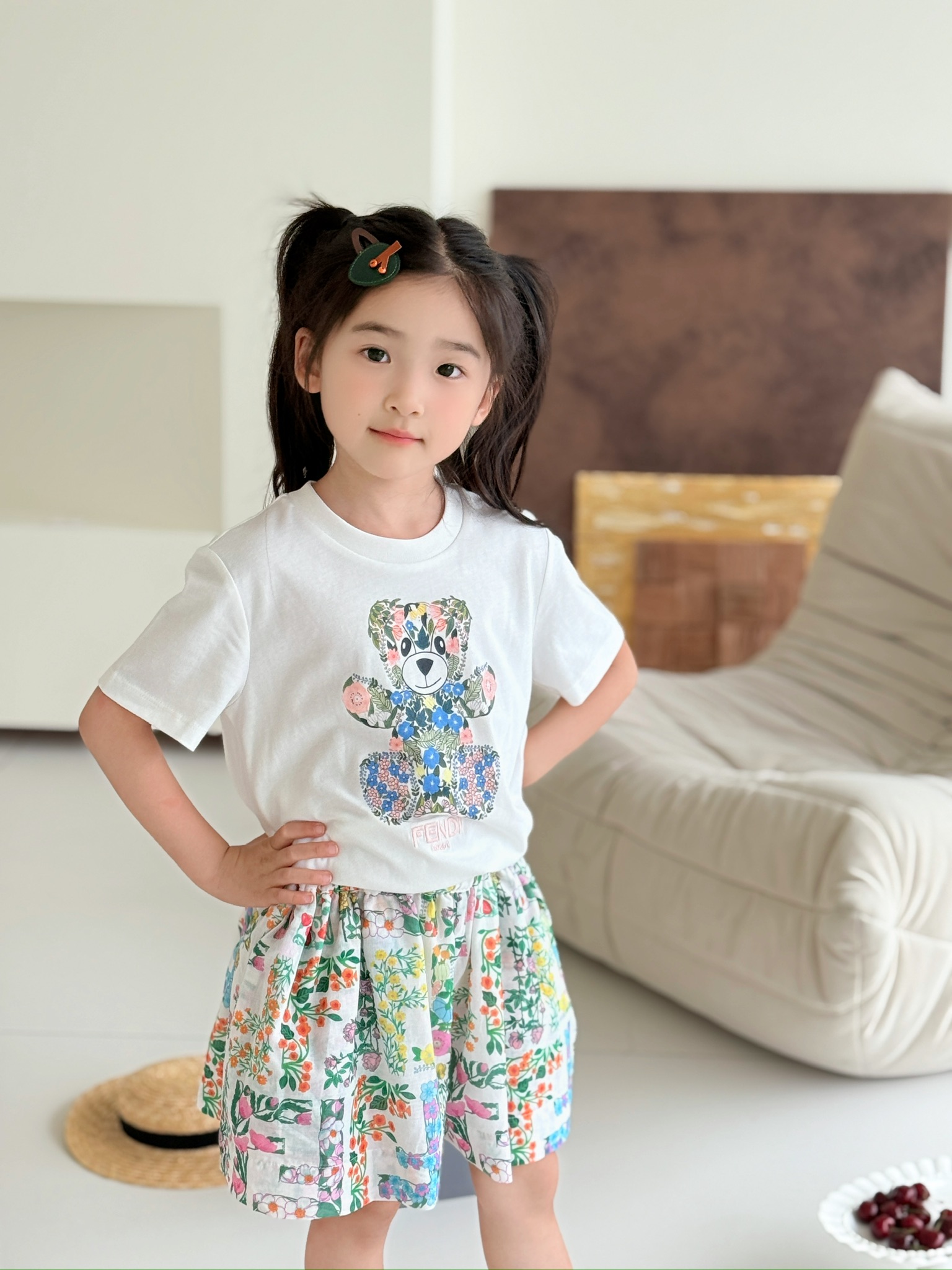 Fendi Kids' White Bear Print T-Shirt & Floral Shorts Set, Sizes 100-150 4 i1749117847641 7936 0 2