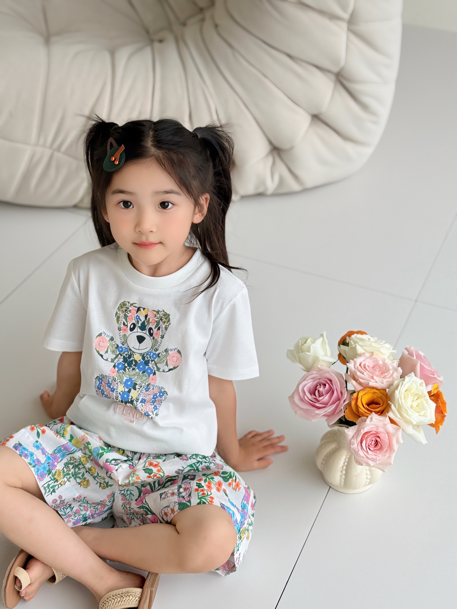 Fendi Kids' White Bear Print T-Shirt & Floral Shorts Set, Sizes 100-150 9 i1749117847645 9627 0 7