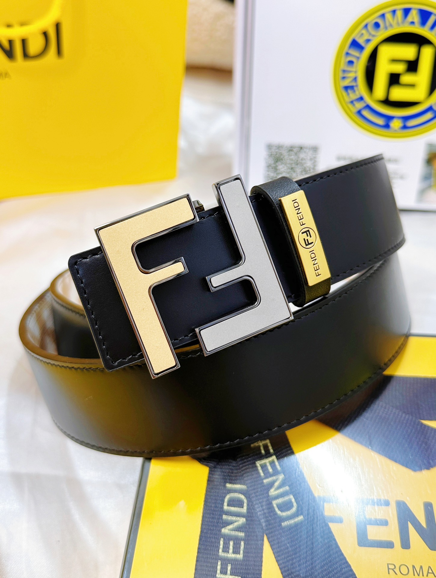 皮带 FENDI.芬迪..复刻. 腰带双层FF砂金双色工艺24K纯钢扣